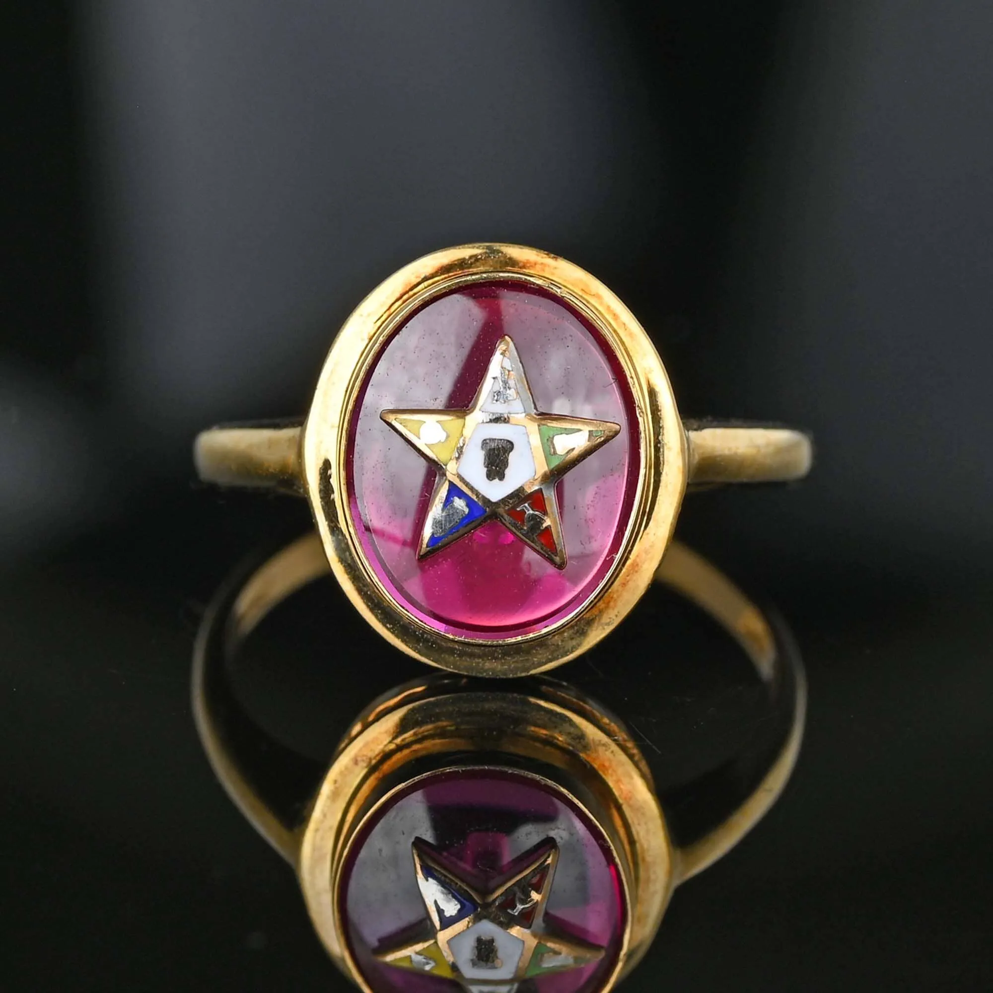 Estate Gold 1940s Red Spinel Enamel OES Masonic Ring