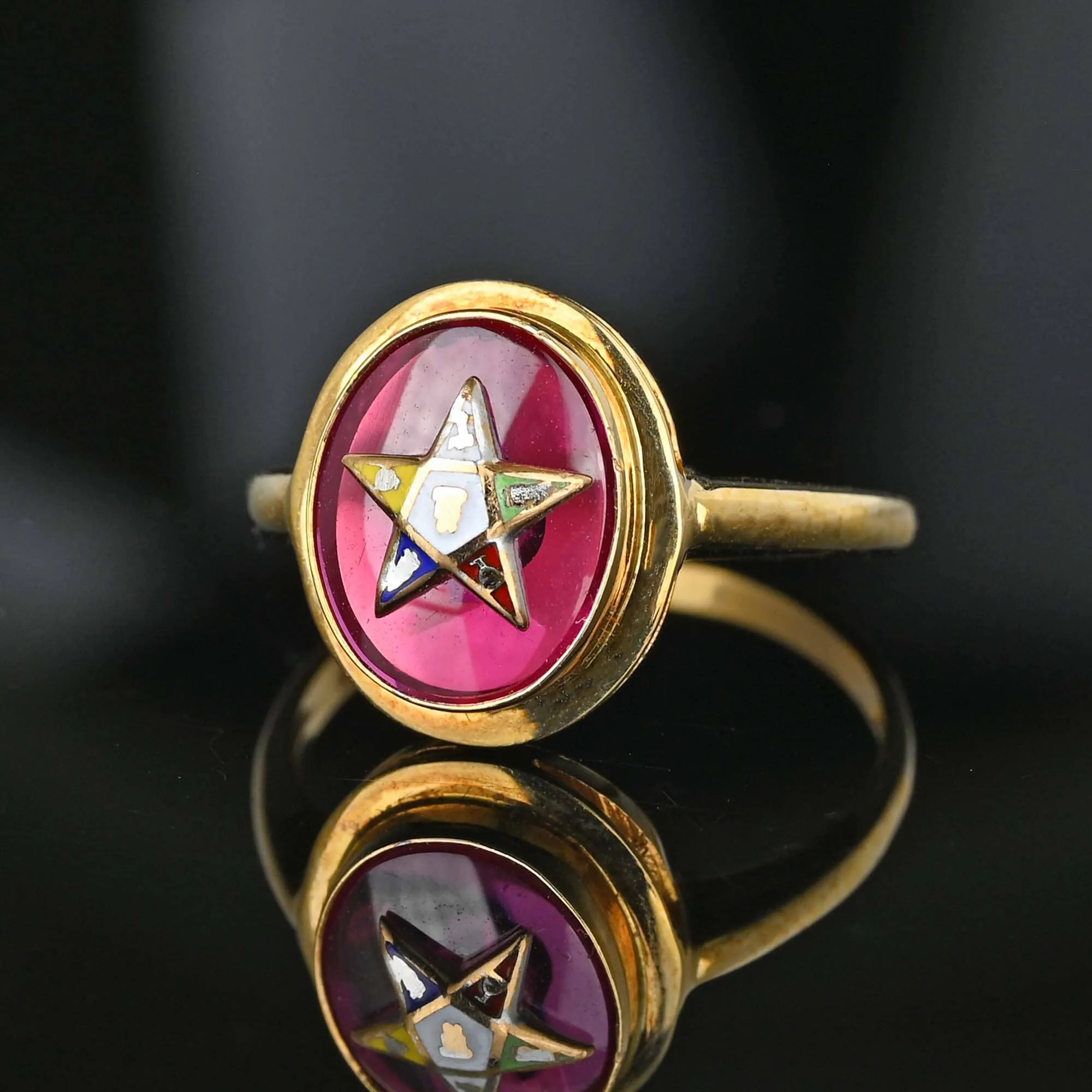 Estate Gold 1940s Red Spinel Enamel OES Masonic Ring