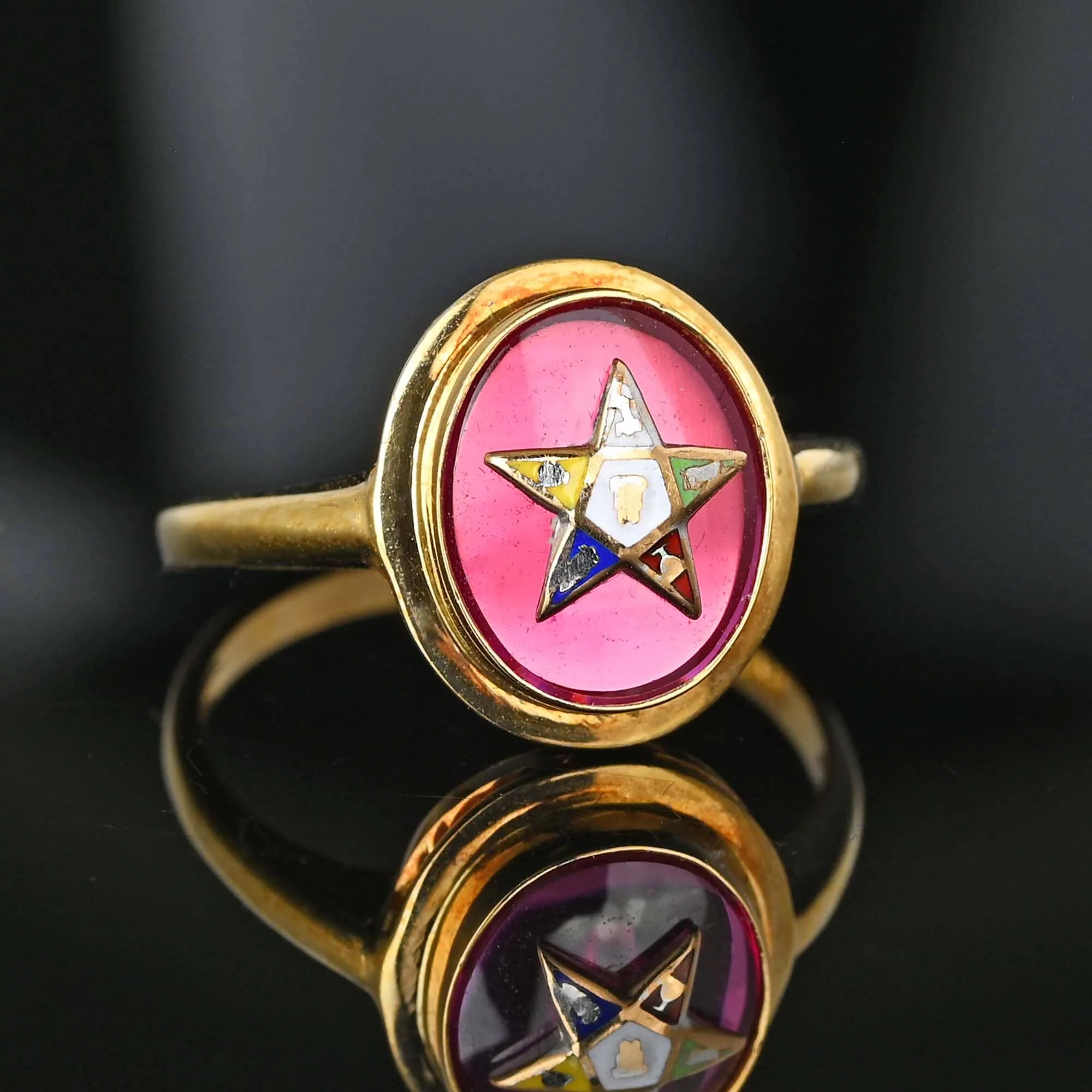 Estate Gold 1940s Red Spinel Enamel OES Masonic Ring