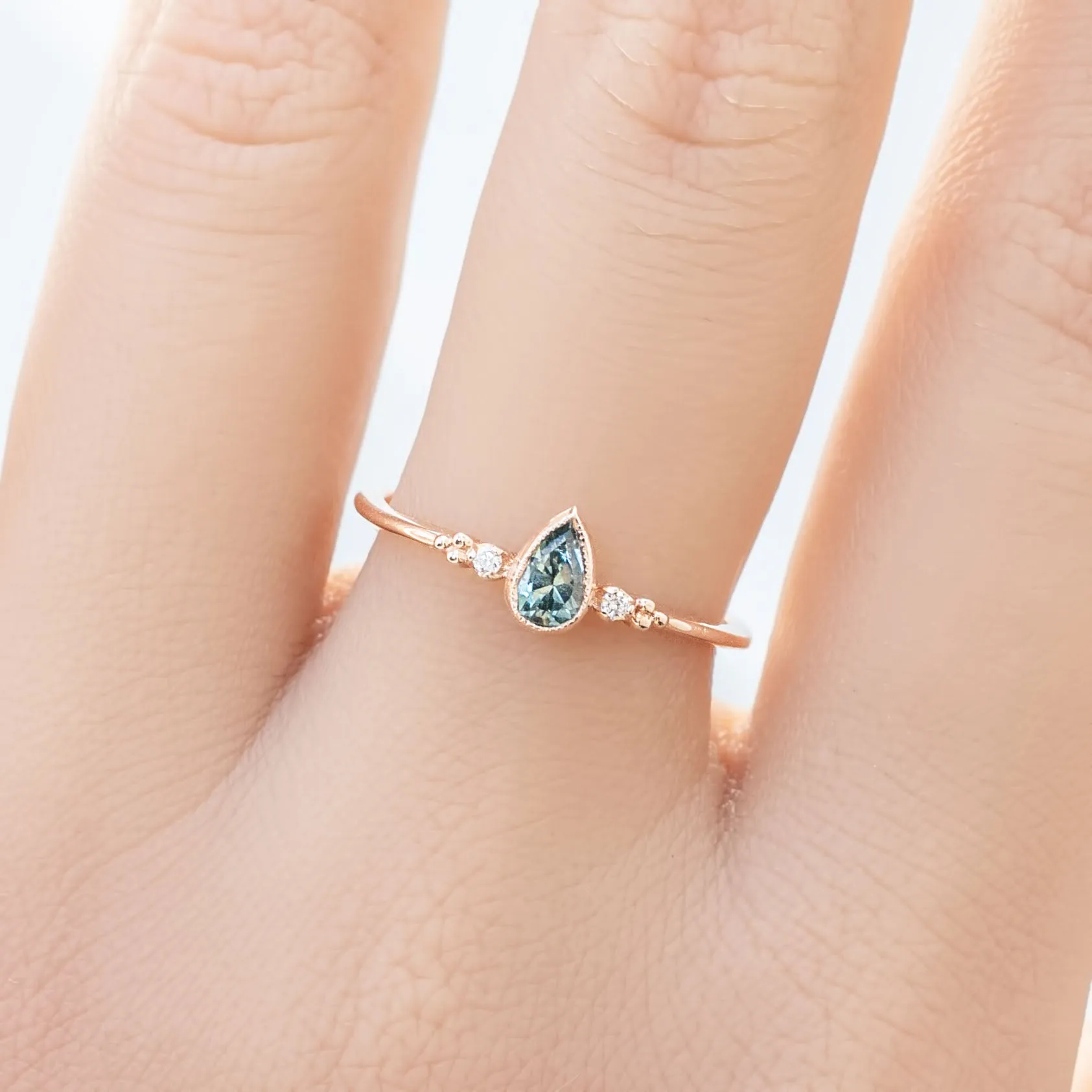 Estel Ring - 0.35ct Unheated Blue Green Teardrop Sapphire, 14k Rose Gold