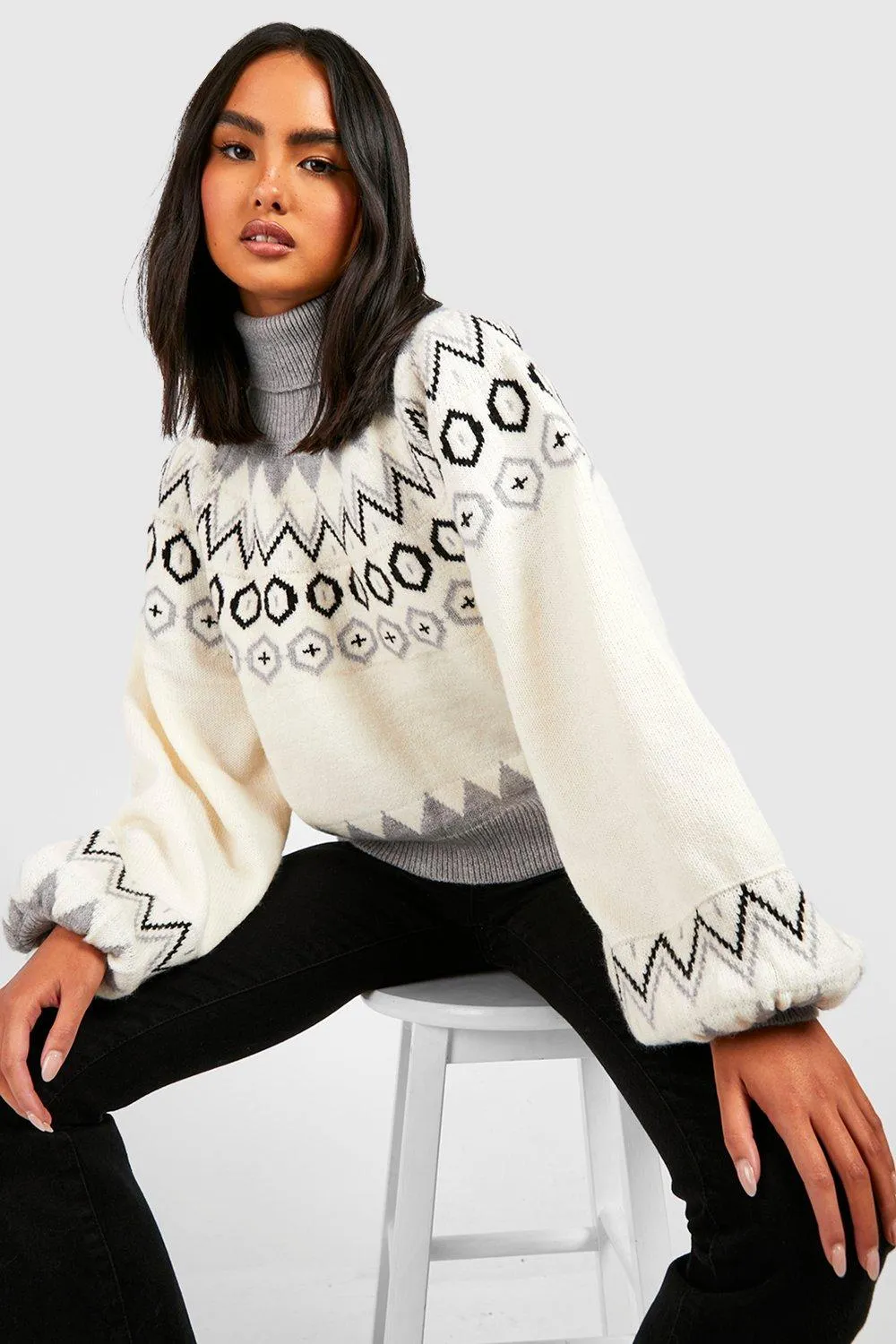 Fairisle Yoke Turtleneck Knitted Crop Sweater