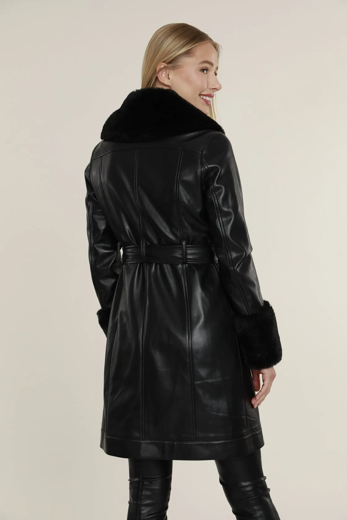 Faux Leather Trench Coat with Fur Trim