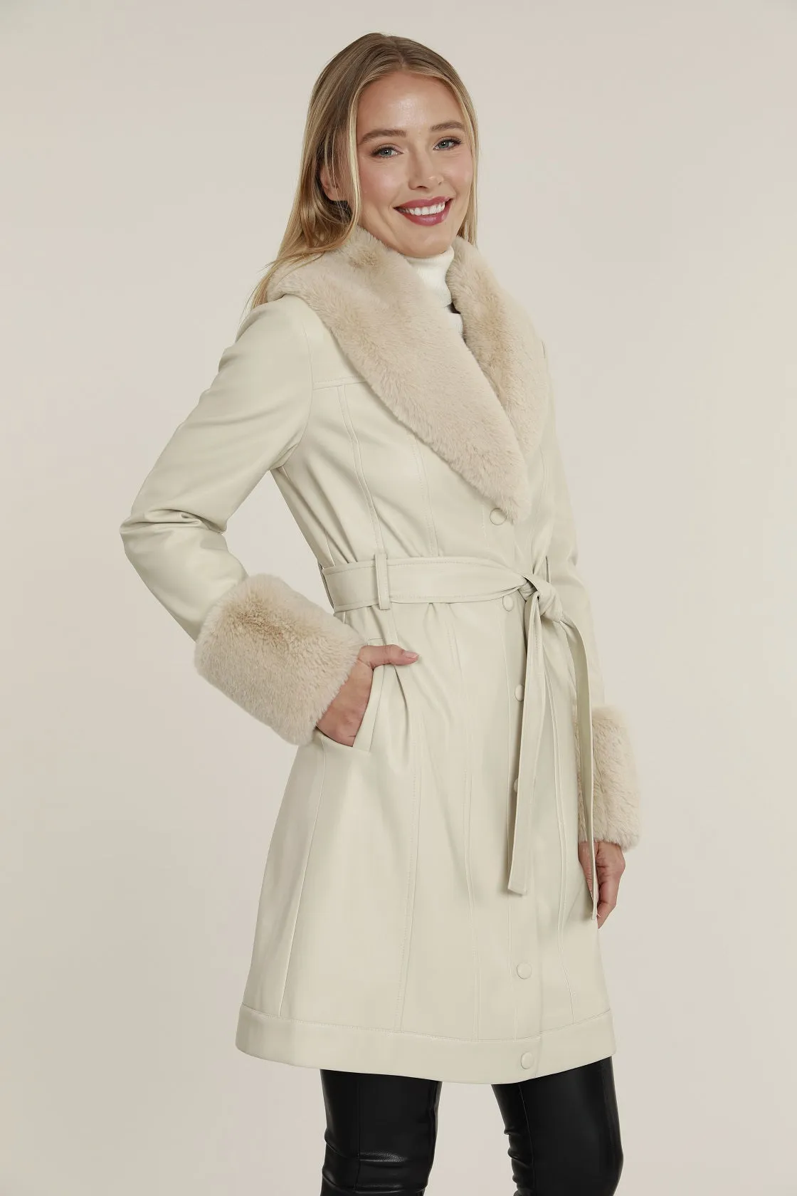 Faux Leather Trench Coat with Fur Trim