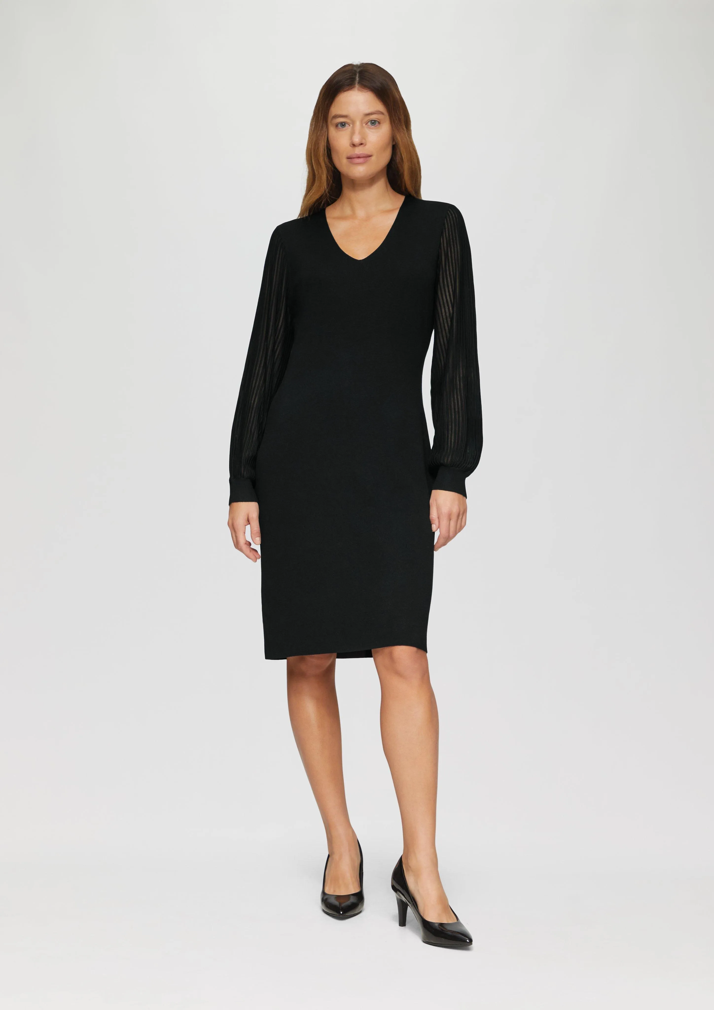 Fine knit dress with semi-sheer sleeves