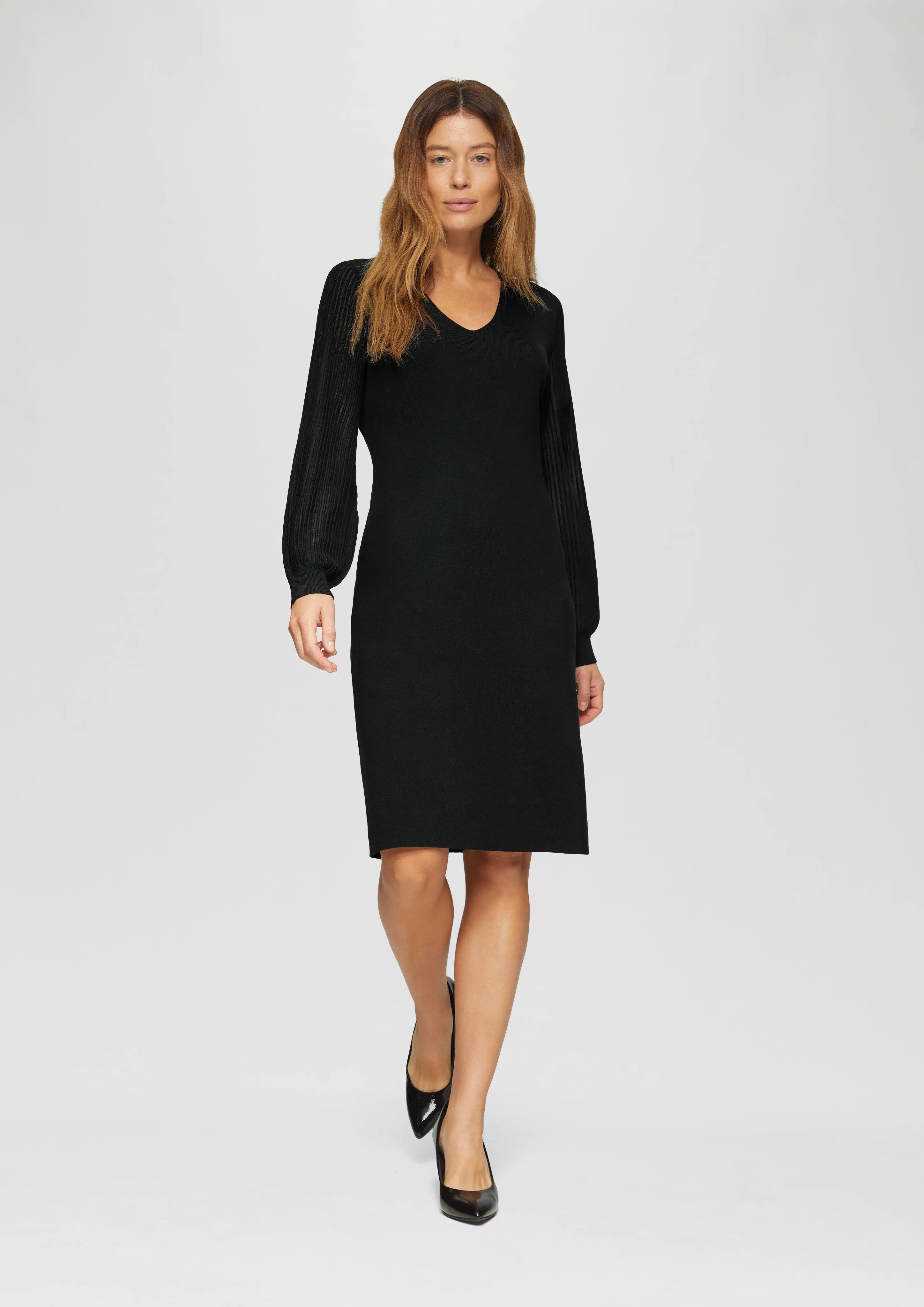 Fine knit dress with semi-sheer sleeves