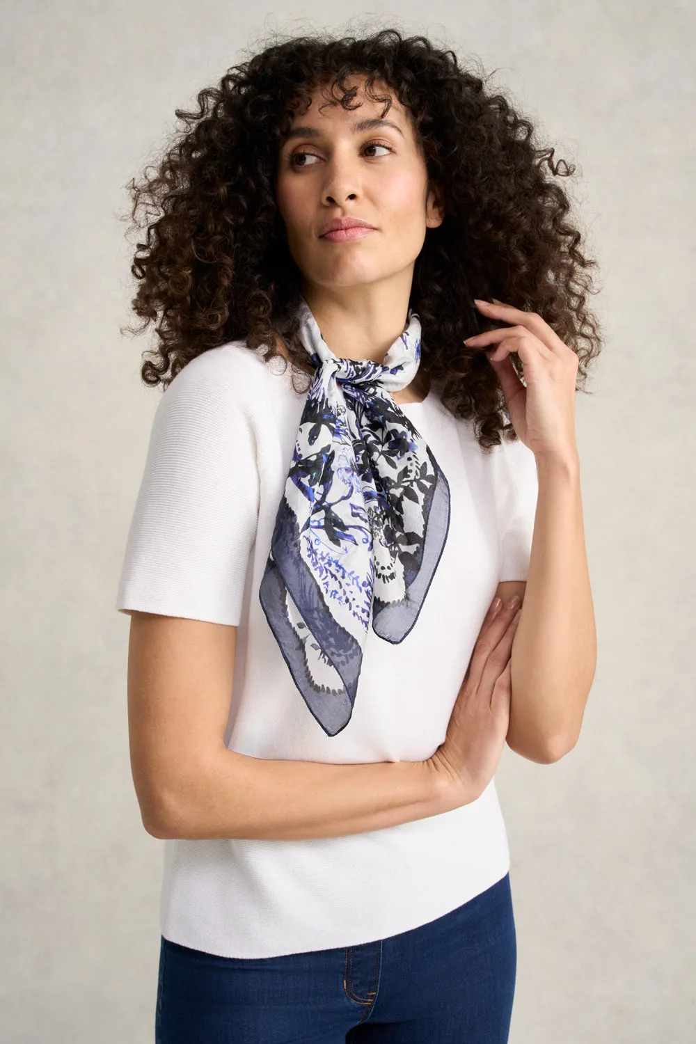 Floral Border Silk Scarf - Navy & White