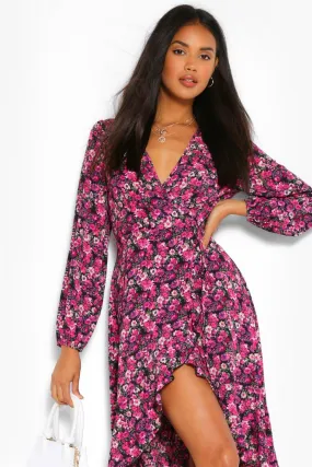 Floral Crepe Ruffle Wrap Midi Skater Dress