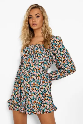 Floral Frill Hem Rouched Bust Romper
