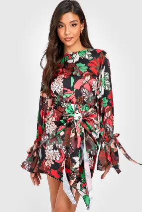 Floral Print Tie Cuff Wrap Skater Dress