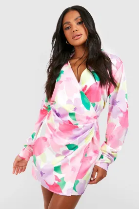 Floral Satin Wrap Shirt Dress