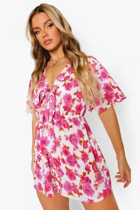 Floral V Neck Tie Front Romper