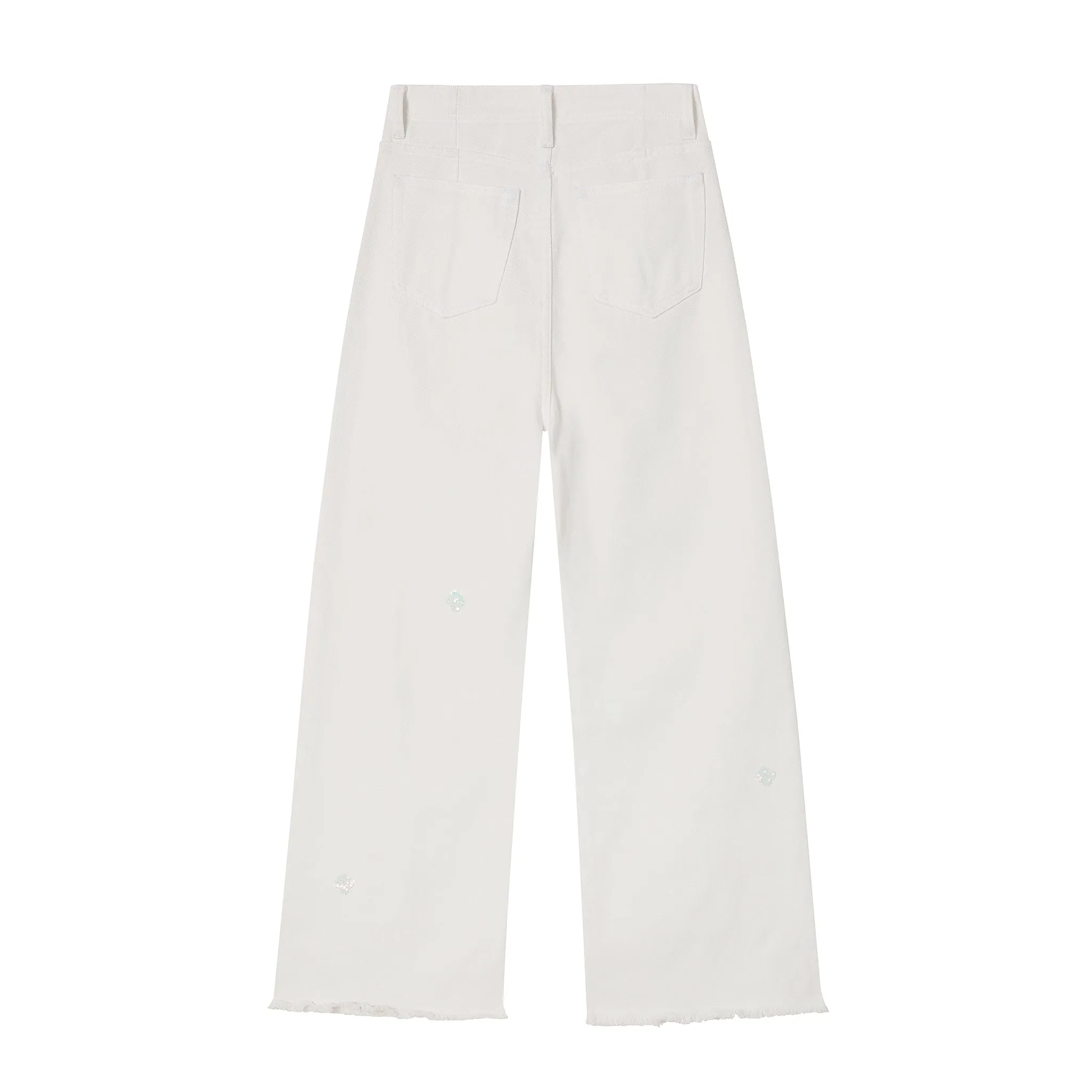 Flower Piece Beaded Wide-leg Jeans in White-