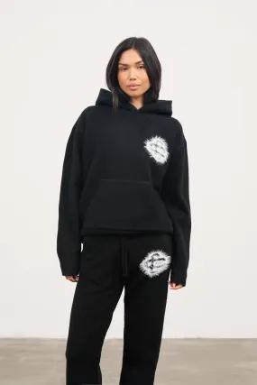 FLUFFY EMBLEM KNITTED HOODIE - BLACK