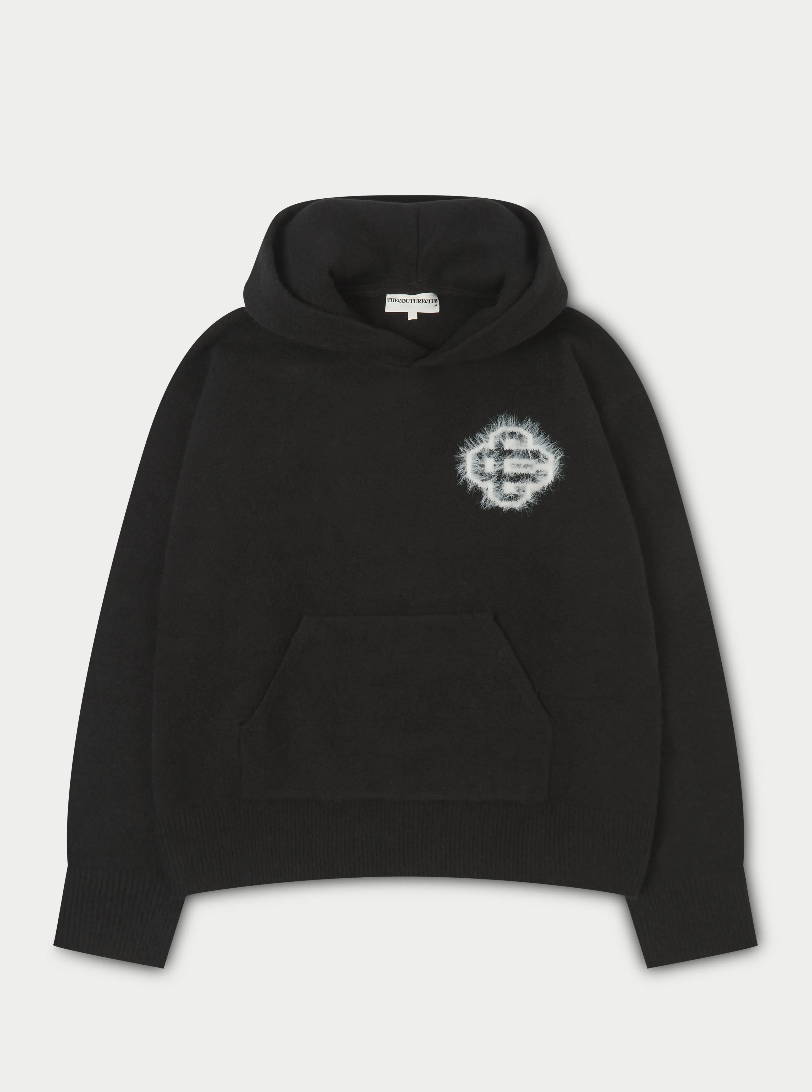 FLUFFY EMBLEM KNITTED HOODIE - BLACK