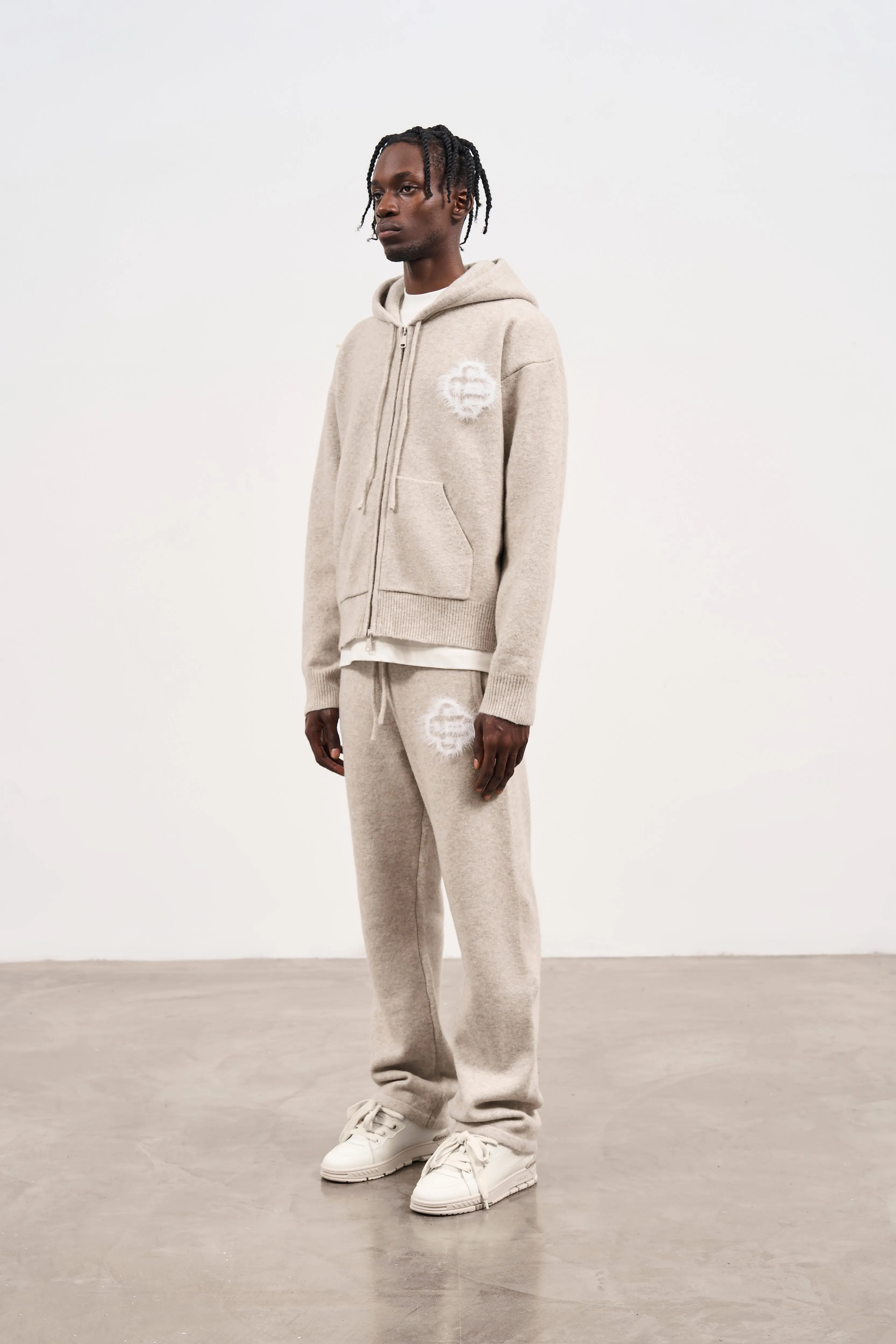 FLUFFY EMBLEM ZIP THROUGH KNITTED HOODIE - BEIGE