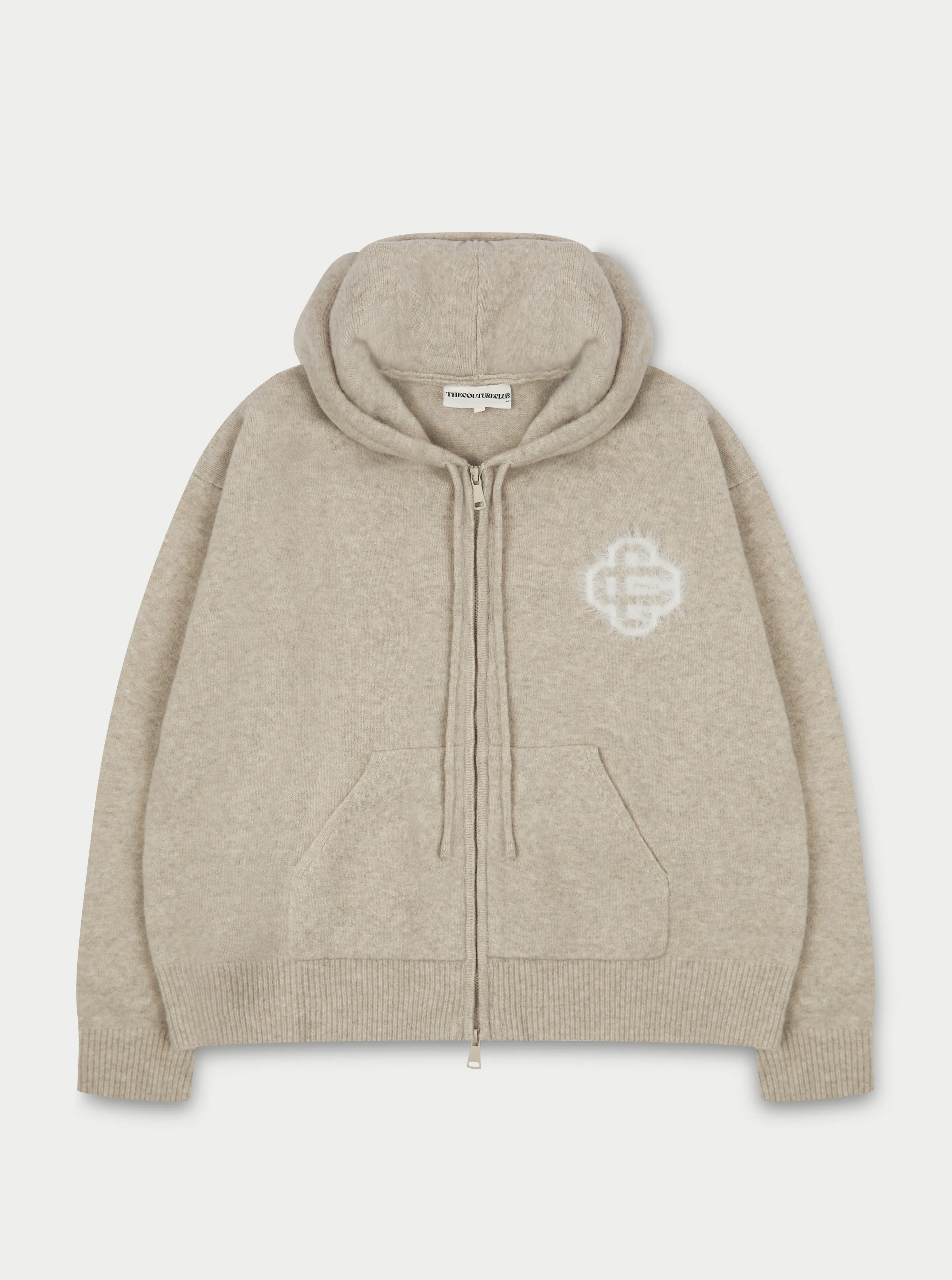 FLUFFY EMBLEM ZIP THROUGH KNITTED HOODIE - BEIGE