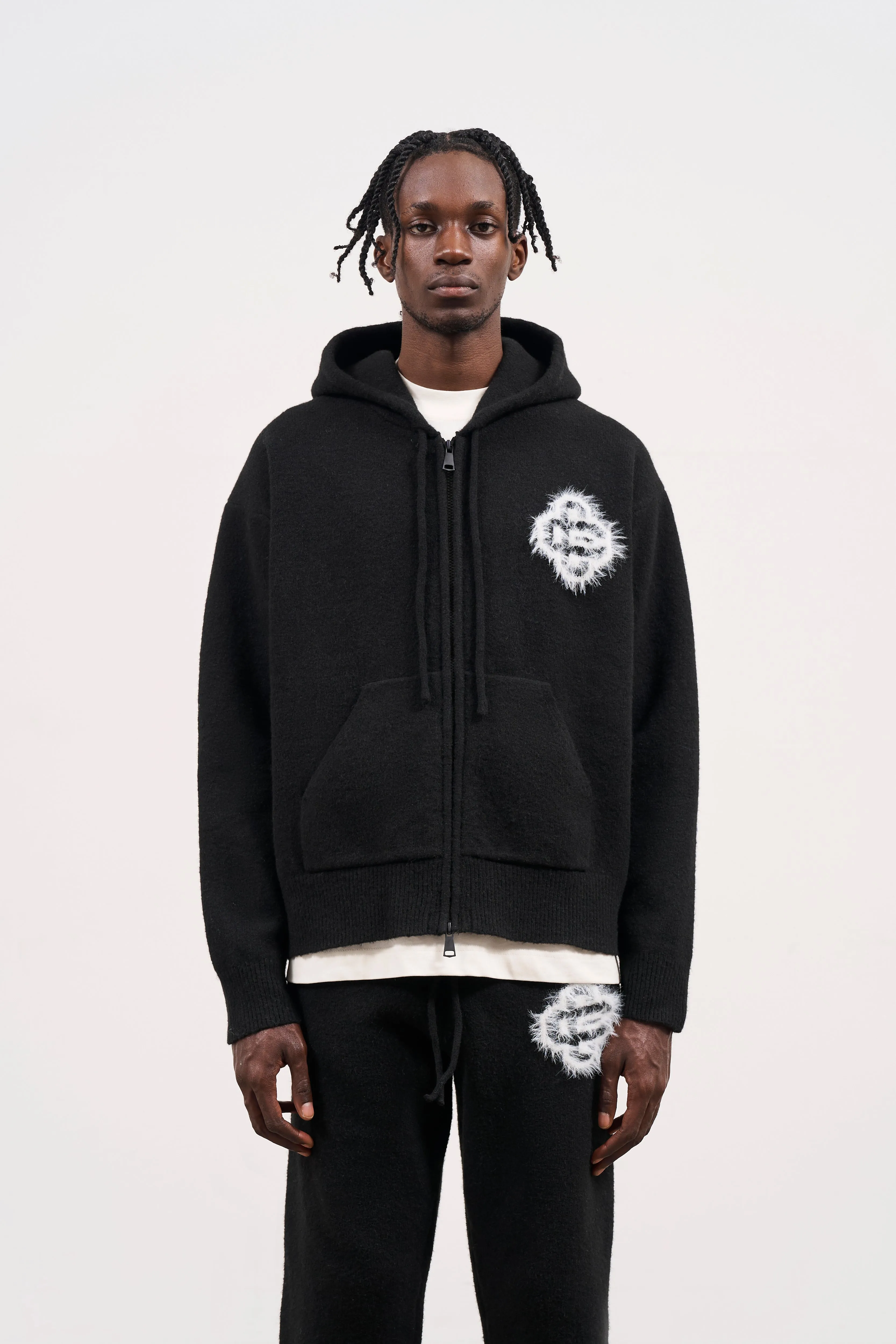 FLUFFY EMBLEM ZIP THROUGH KNITTED HOODIE - BLACK