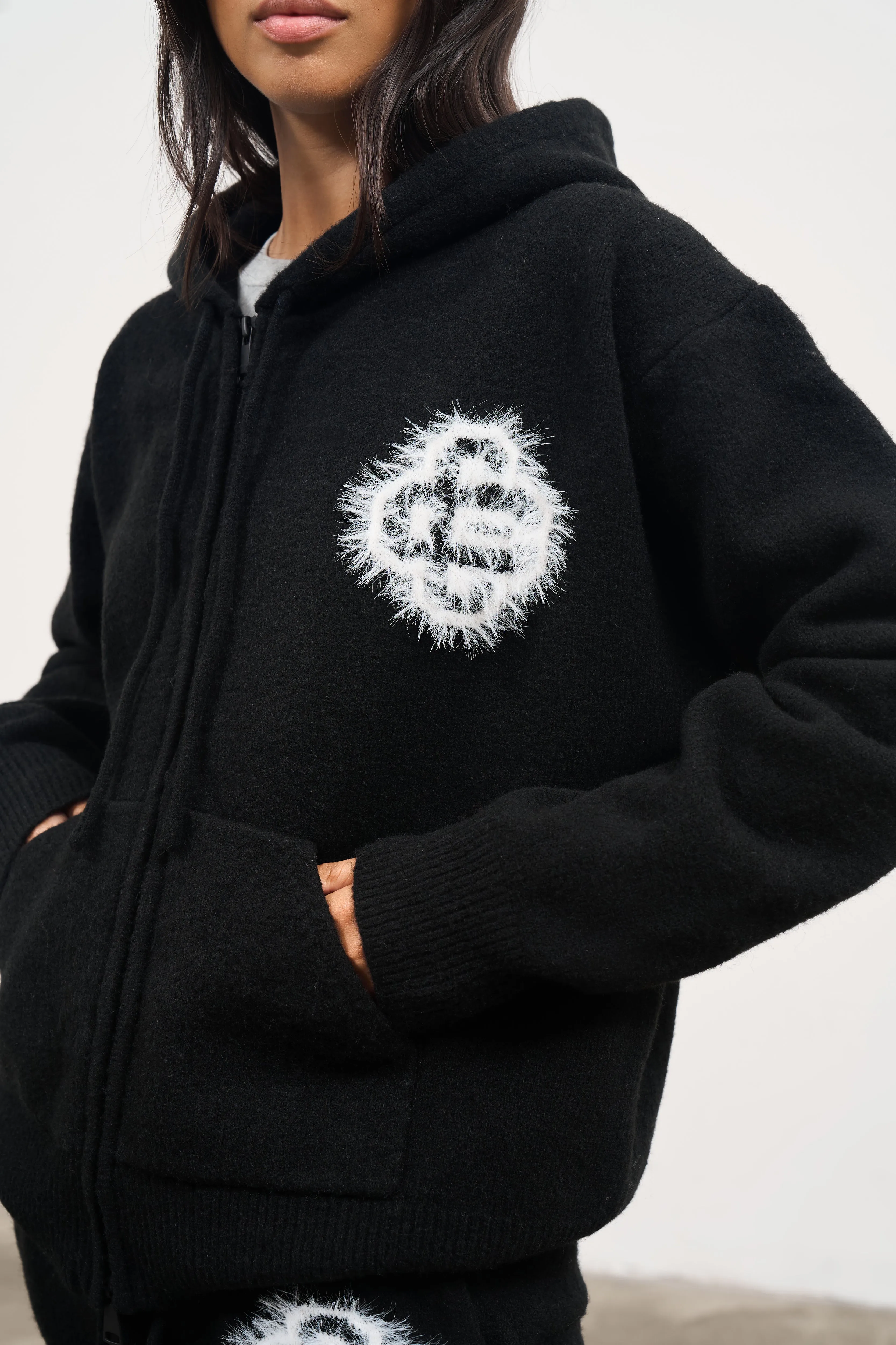 FLUFFY EMBLEM ZIP THROUGH KNITTED HOODIE - BLACK