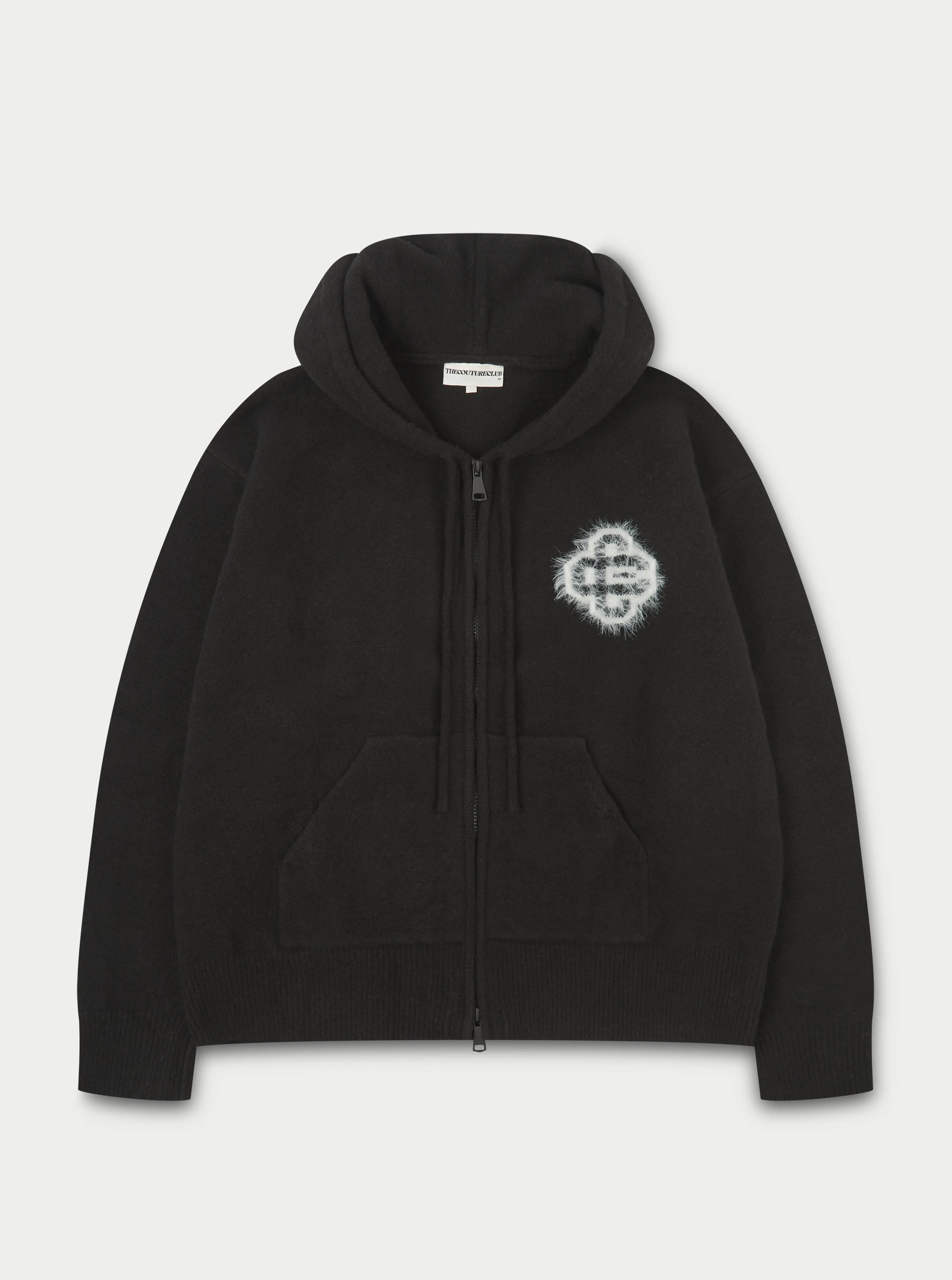 FLUFFY EMBLEM ZIP THROUGH KNITTED HOODIE - BLACK