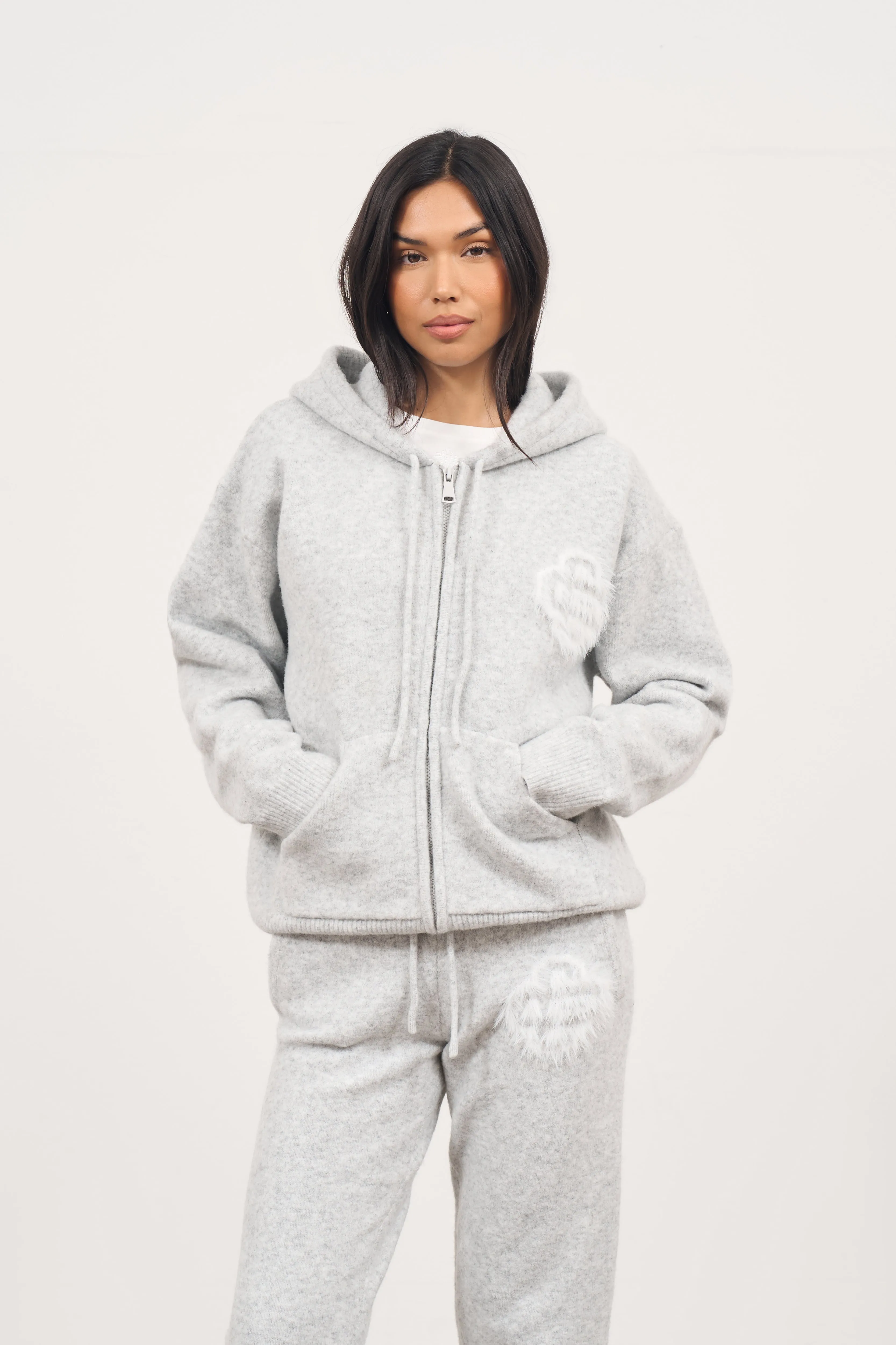 FLUFFY EMBLEM ZIP THROUGH KNITTED HOODIE - GREY MARL