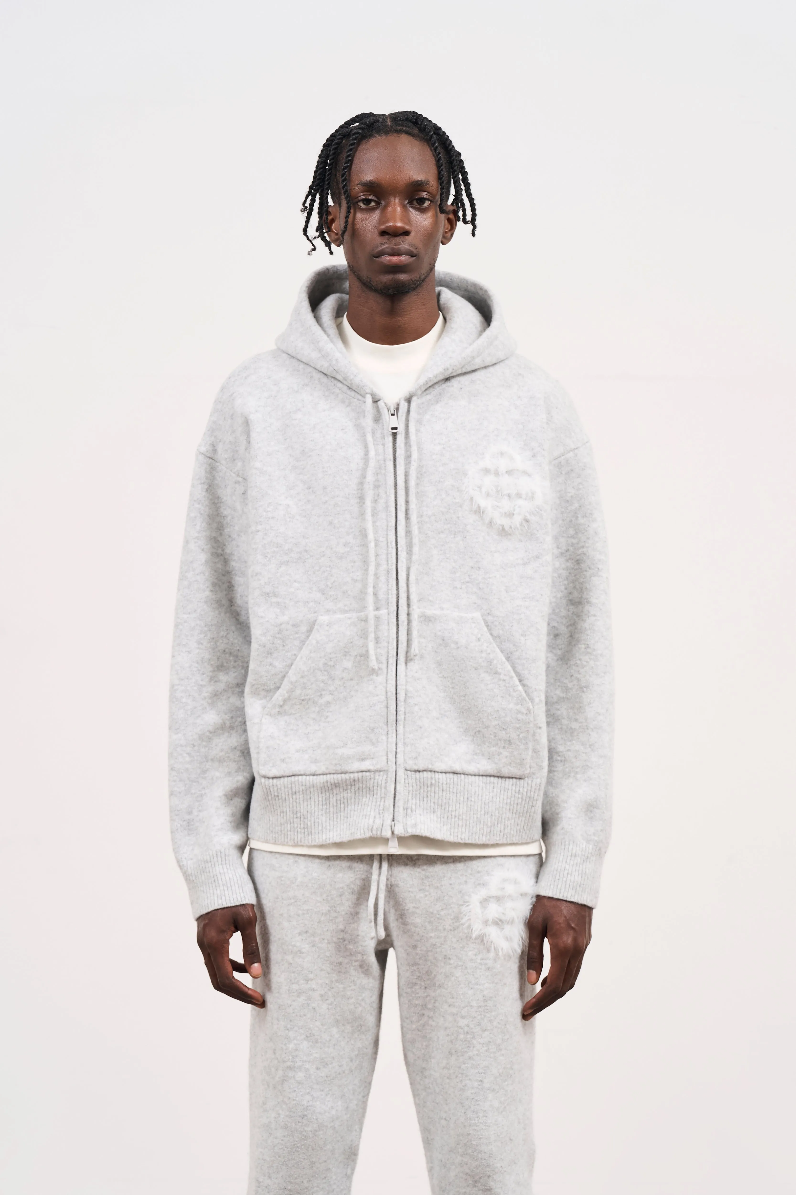 FLUFFY EMBLEM ZIP THROUGH KNITTED HOODIE - GREY MARL