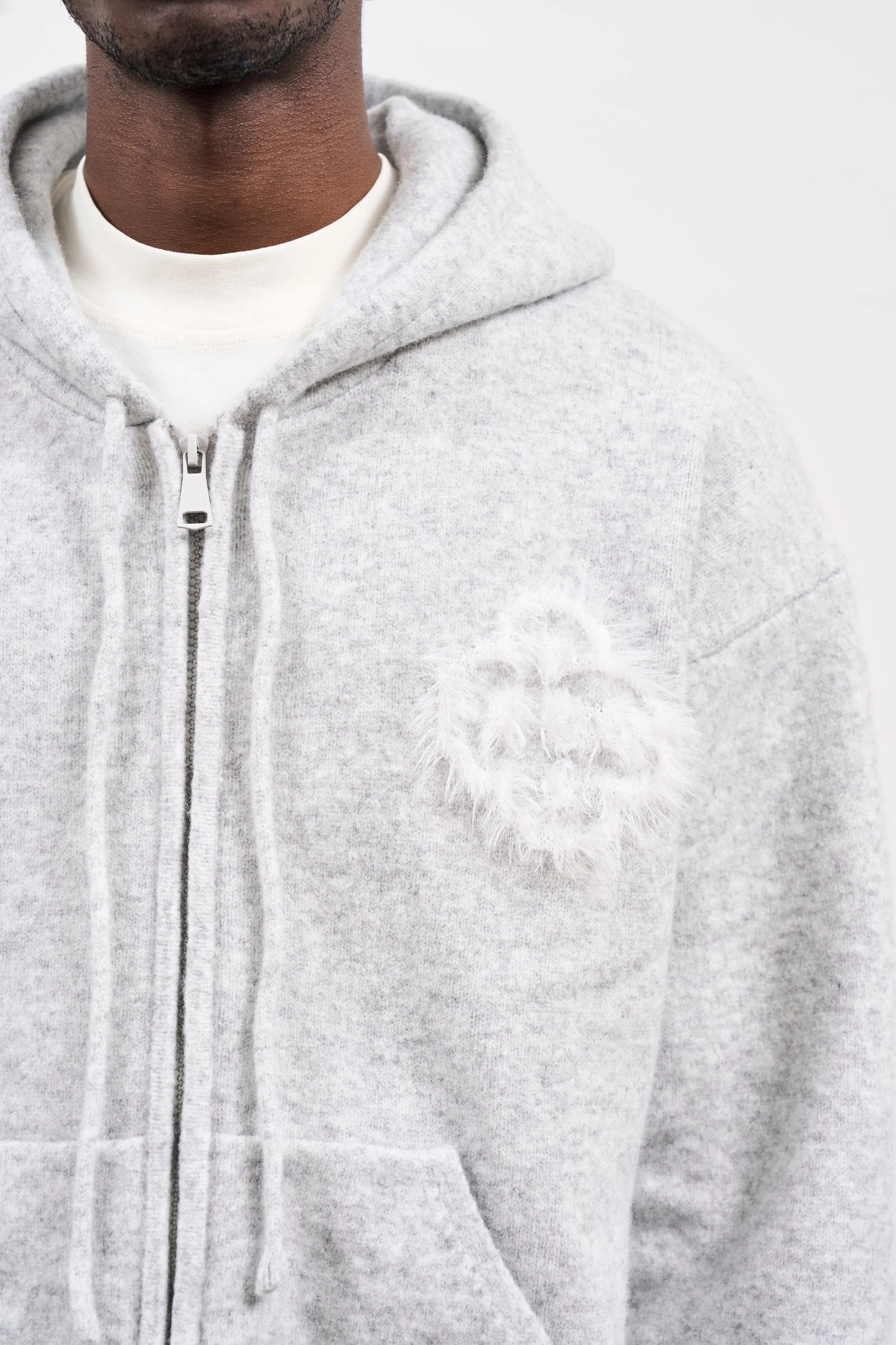 FLUFFY EMBLEM ZIP THROUGH KNITTED HOODIE - GREY MARL