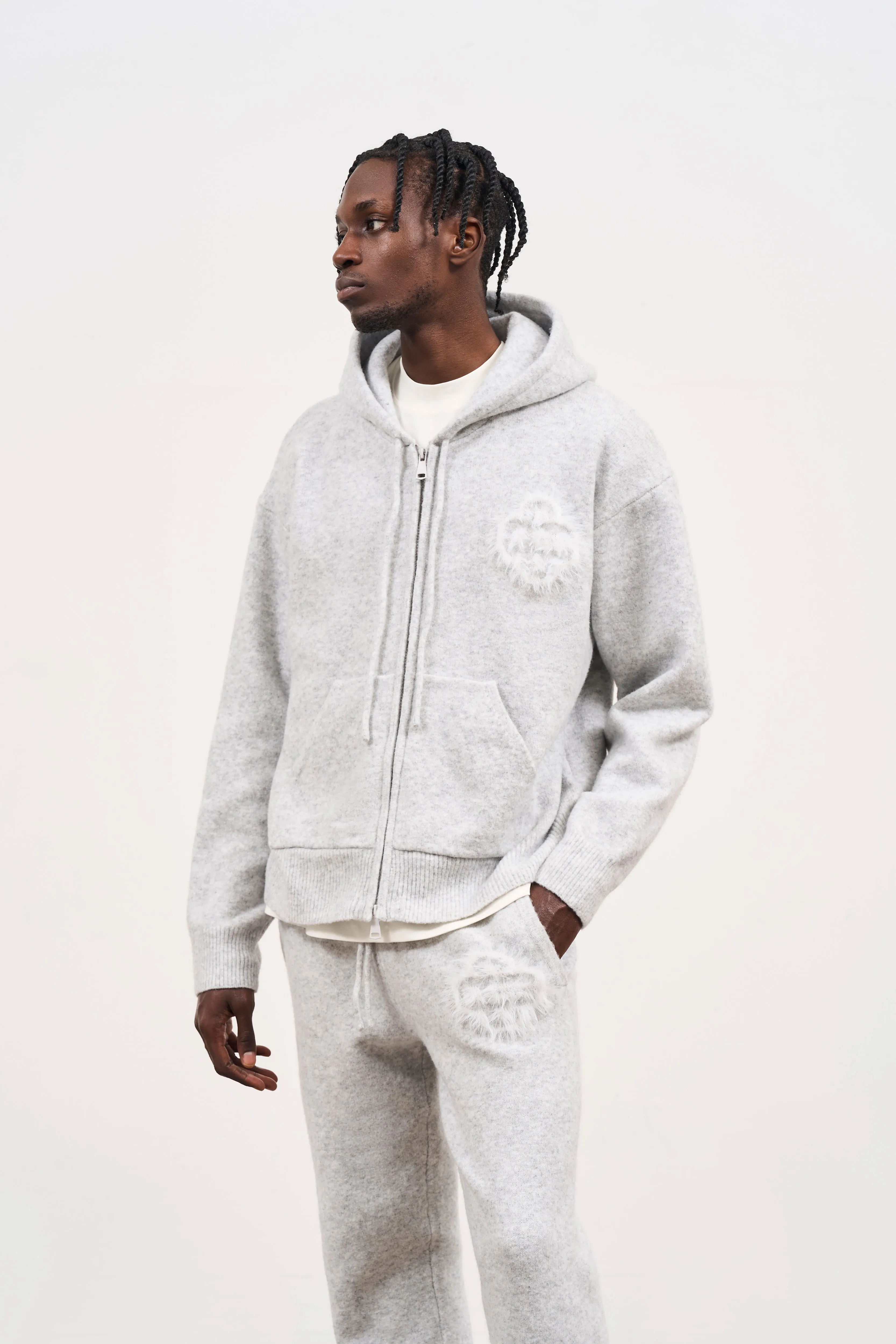 FLUFFY EMBLEM ZIP THROUGH KNITTED HOODIE - GREY MARL