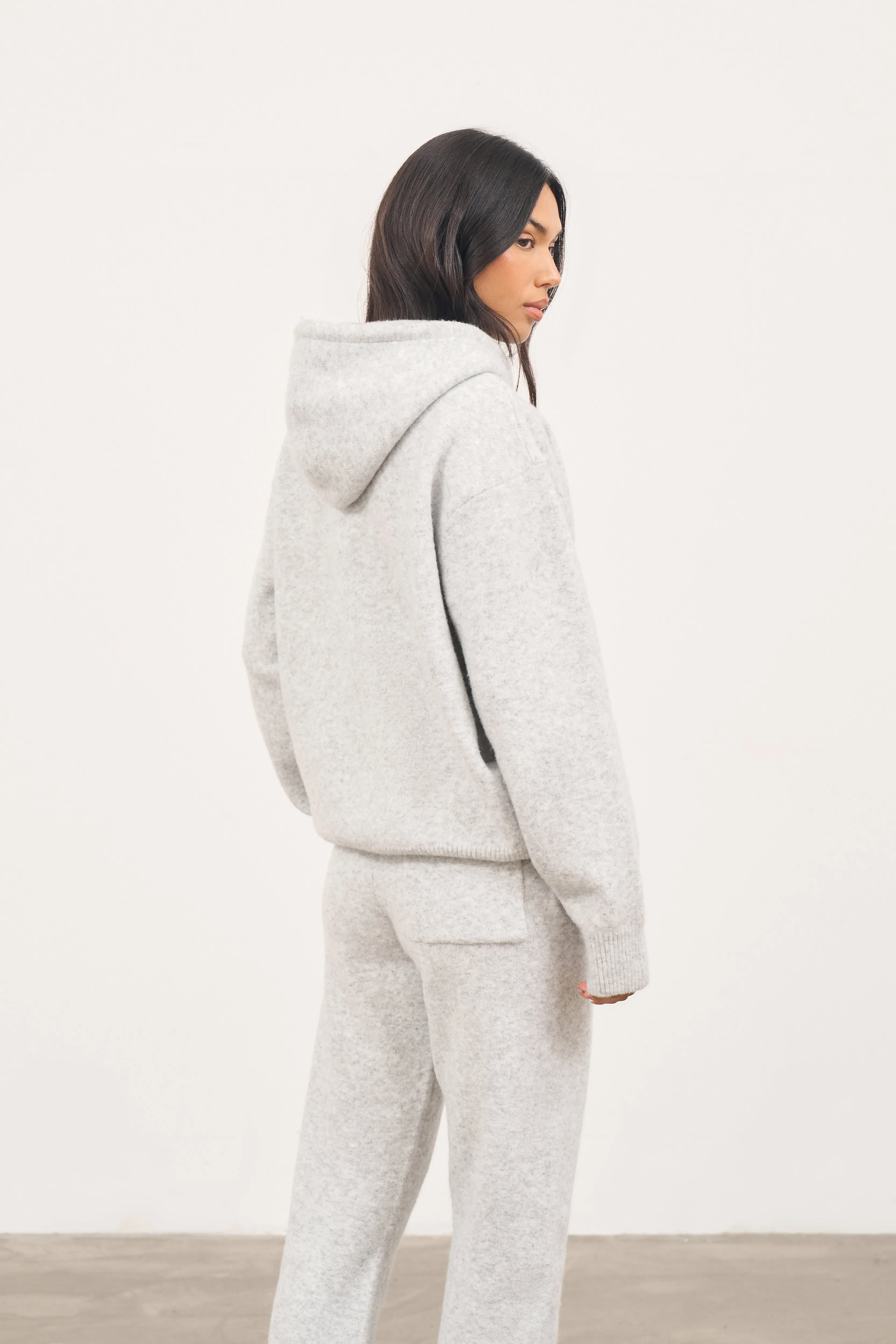 FLUFFY EMBLEM ZIP THROUGH KNITTED HOODIE - GREY MARL