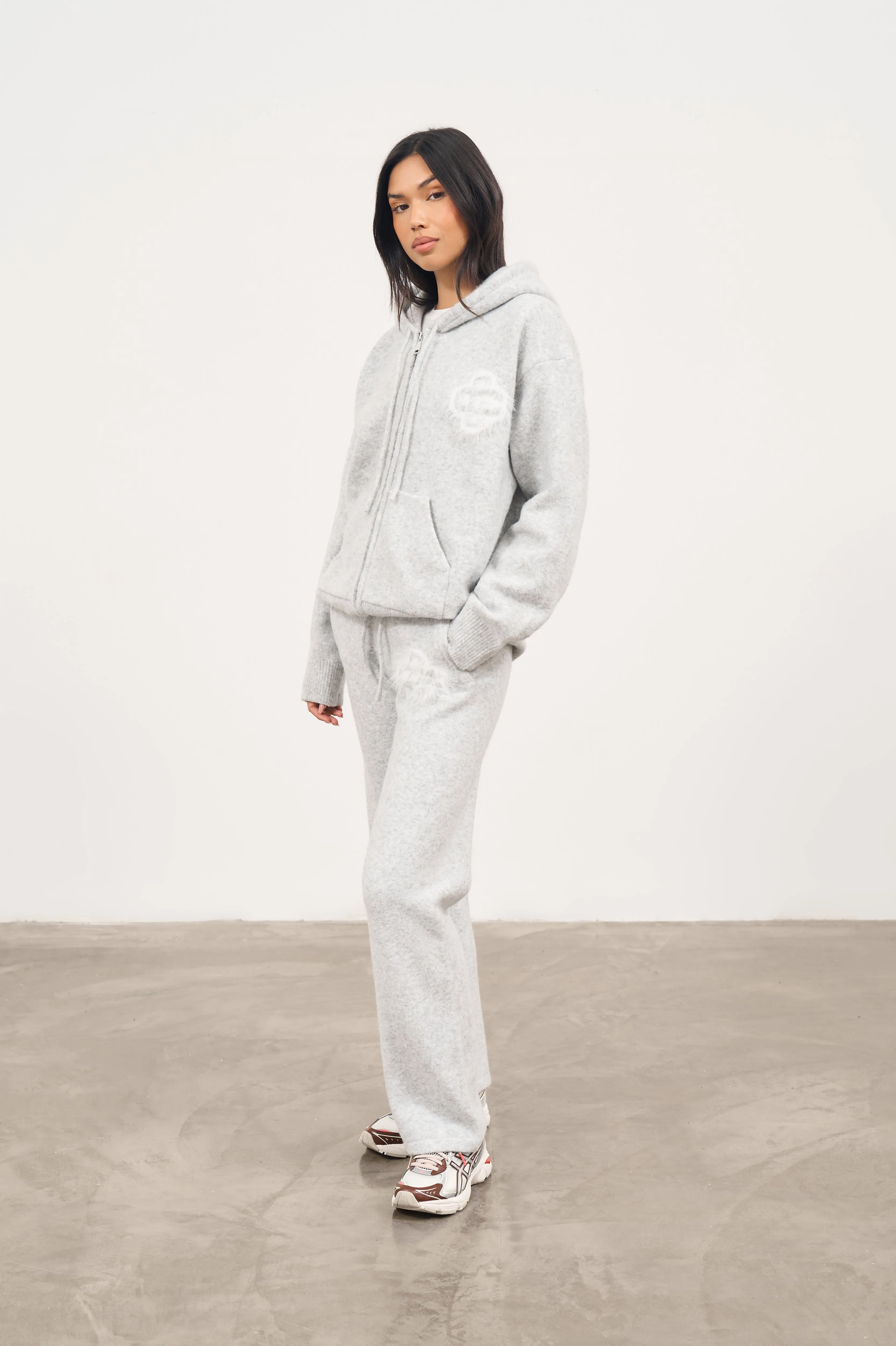 FLUFFY EMBLEM ZIP THROUGH KNITTED HOODIE - GREY MARL