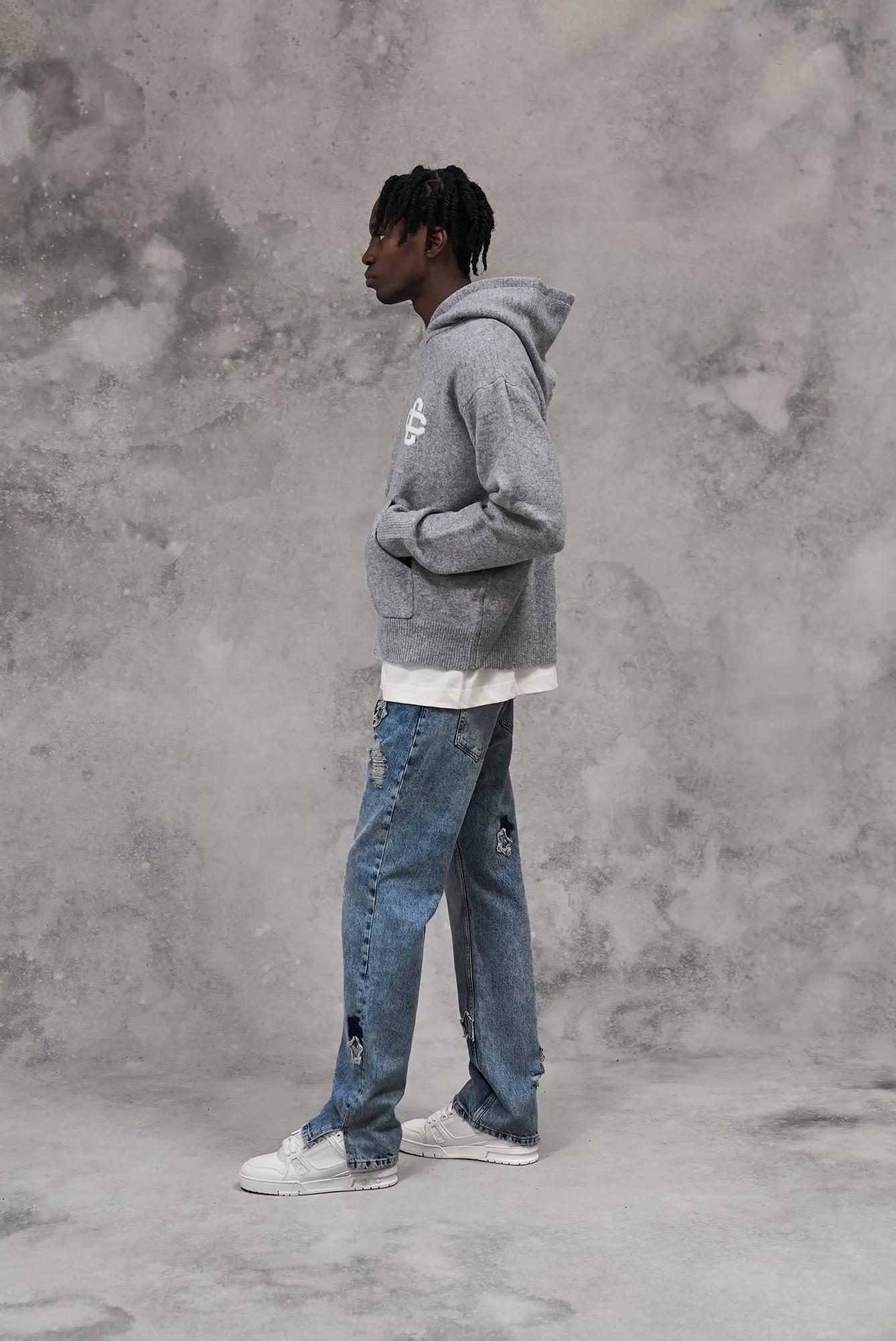 FLUFFY KNIT EMBLEM HOODIE - GREY MARL