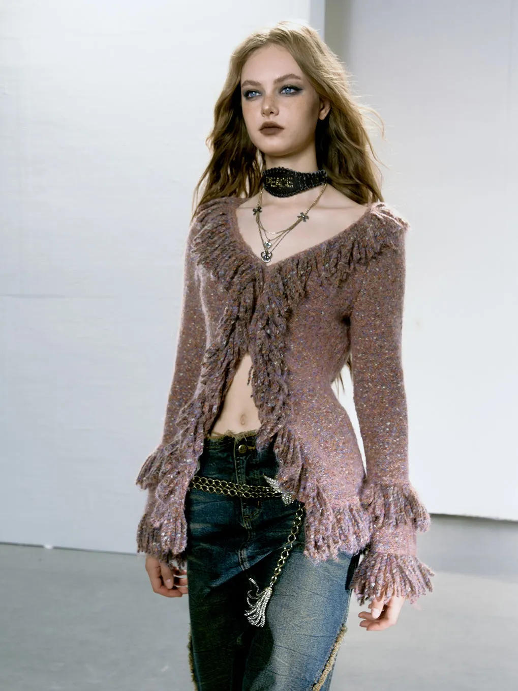 Fringed V-Neck Knitted Cardigan