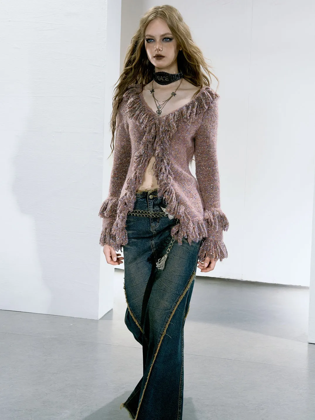 Fringed V-Neck Knitted Cardigan