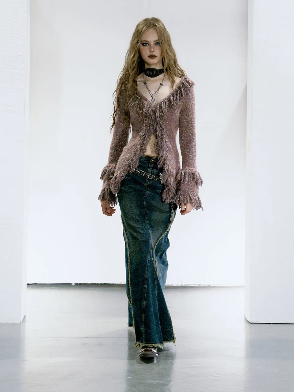 Fringed V-Neck Knitted Cardigan