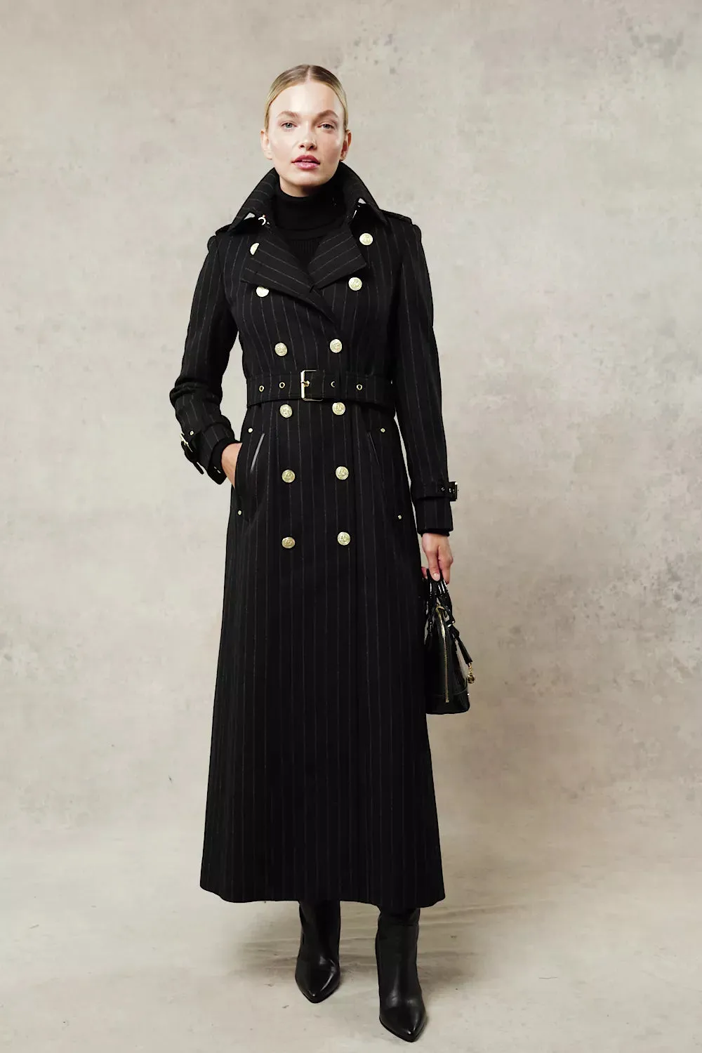 Full Length Marlborough Trench Coat (Black Pinstripe)