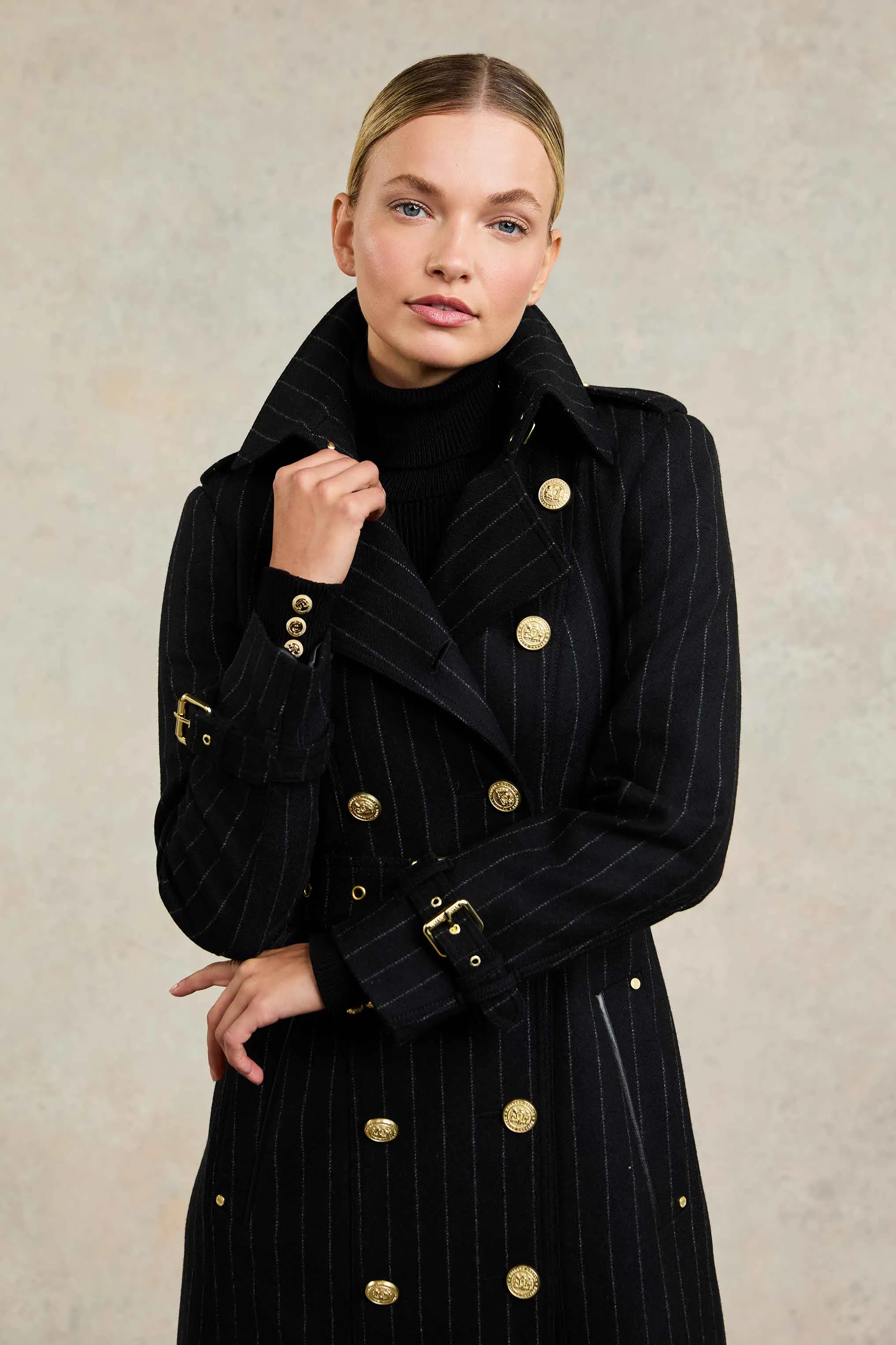 Full Length Marlborough Trench Coat (Black Pinstripe)