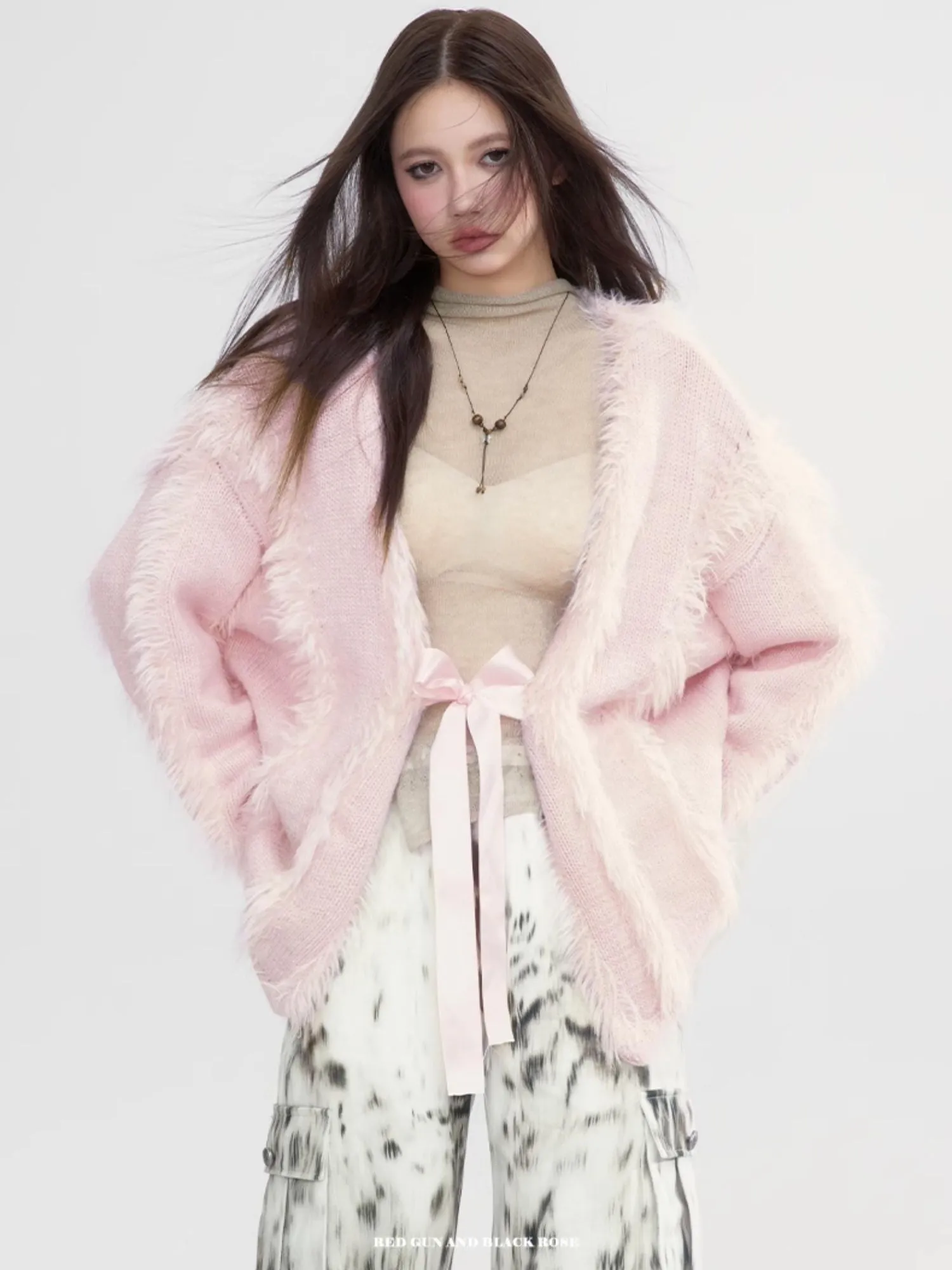 Fur Ribbon Oversize Fluffily Cute Cardigan