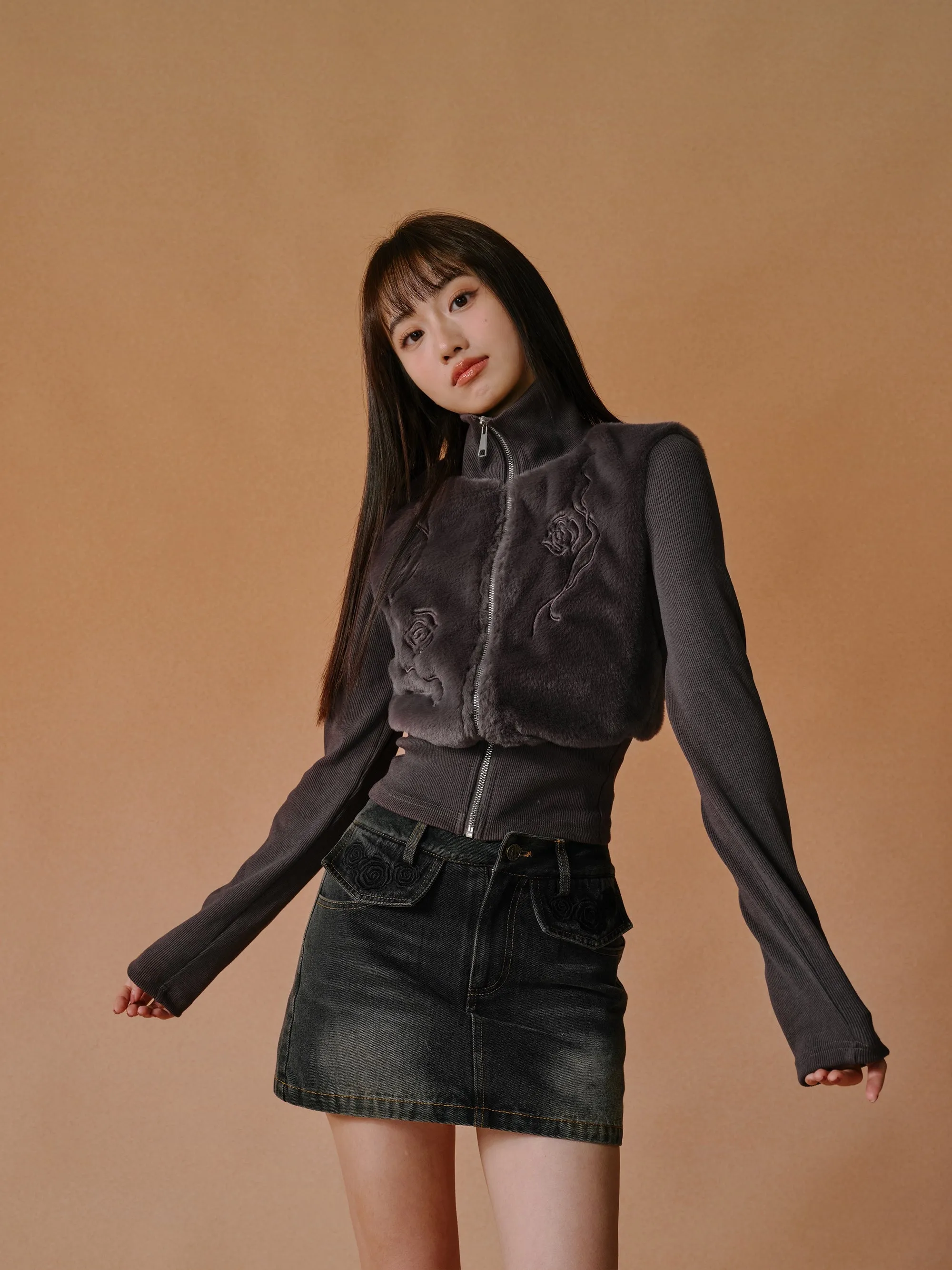 Fur Stitching Flower Vine Zipper High Neck Jacket