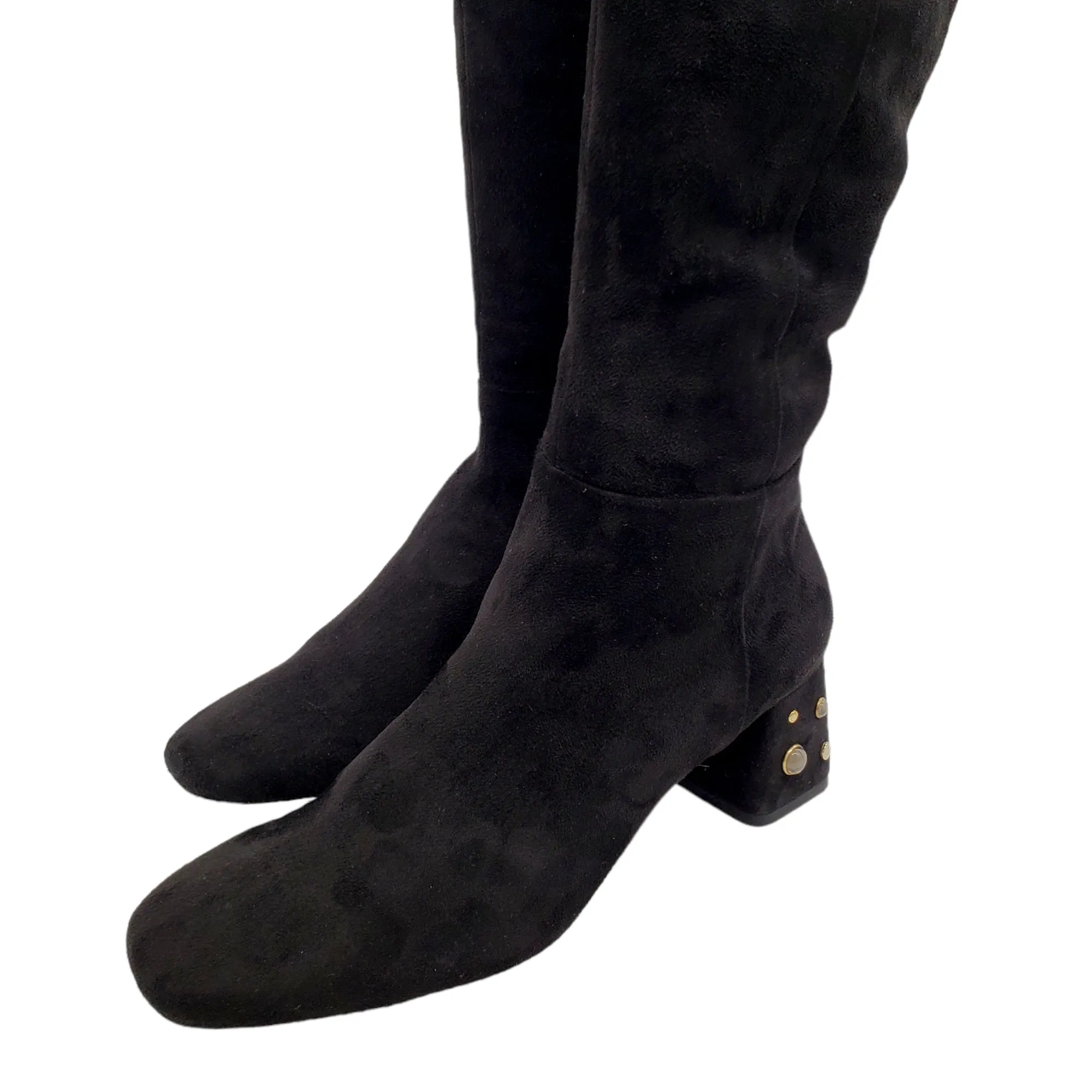 Geox Black Knee High Suede Jewelled Heel Boots