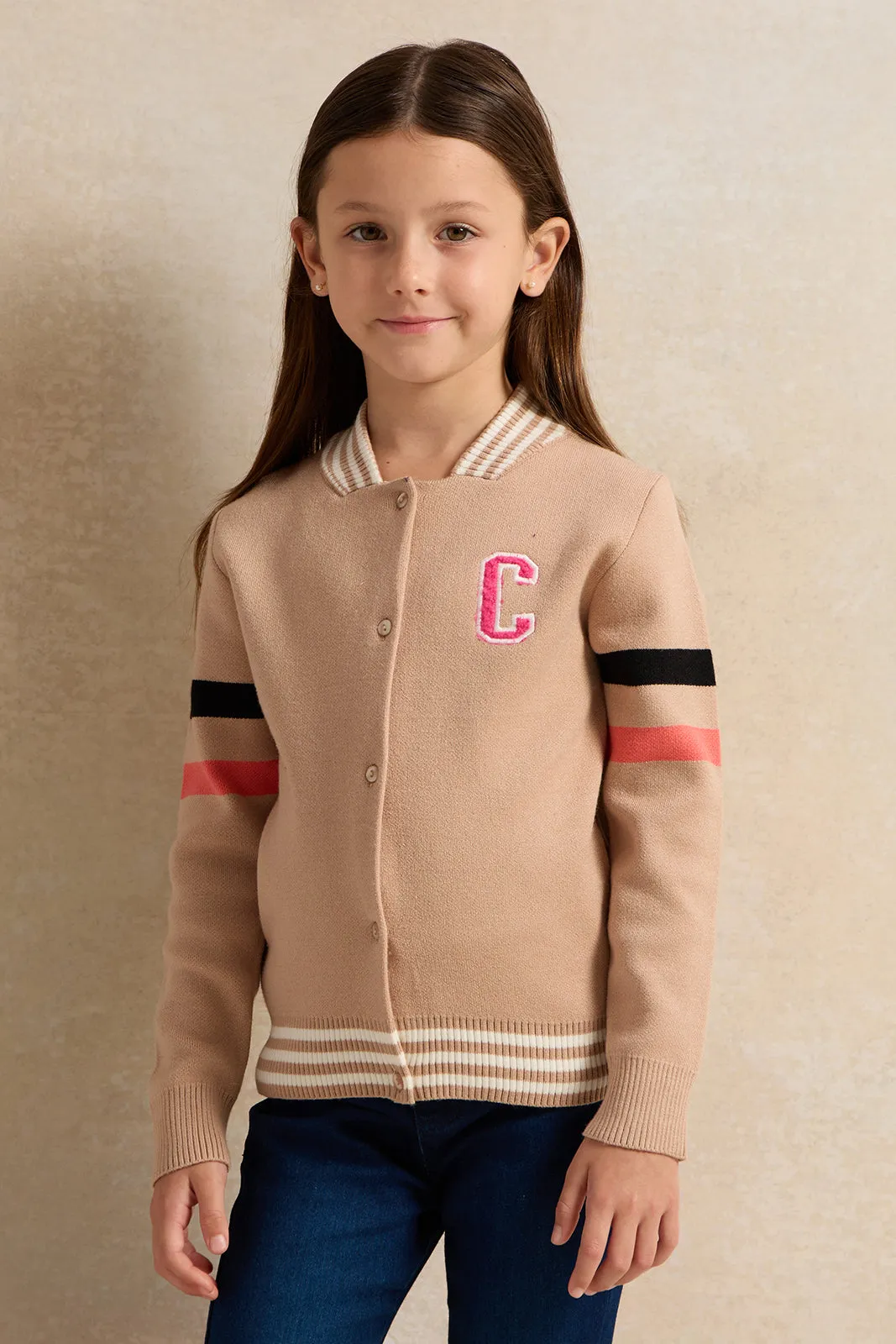 Girls Beige Embellished Sweater