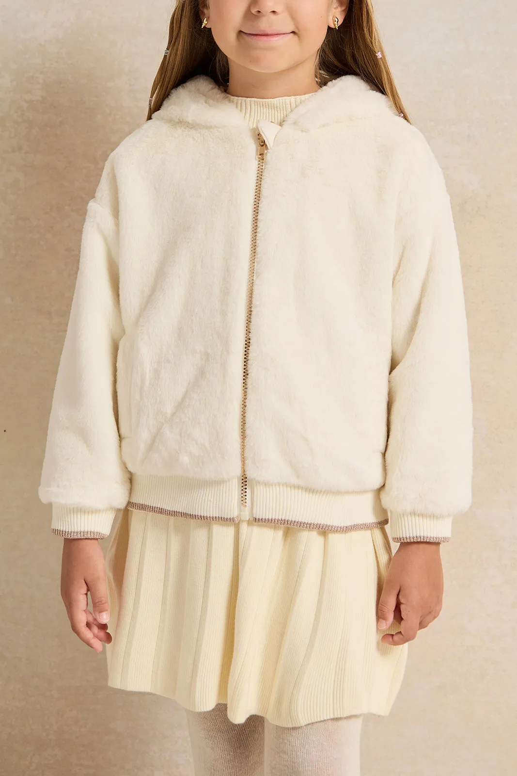 Girls Cream Fur Hooded Jacket