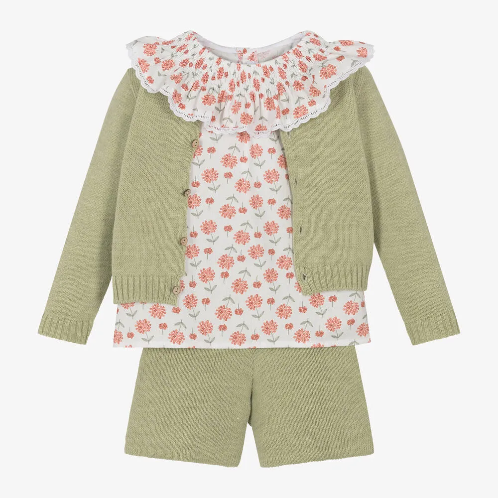 Girls Green Knit Shorts Set