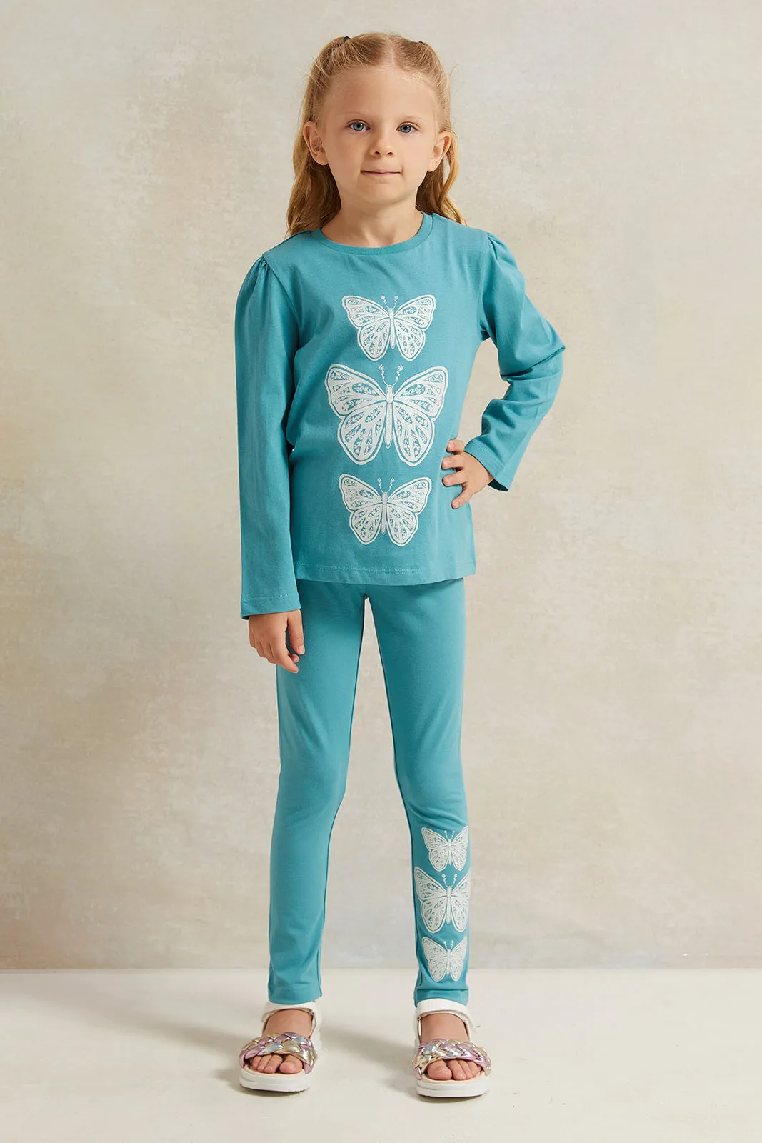 Girls Mint Butterfly Print  Leggings