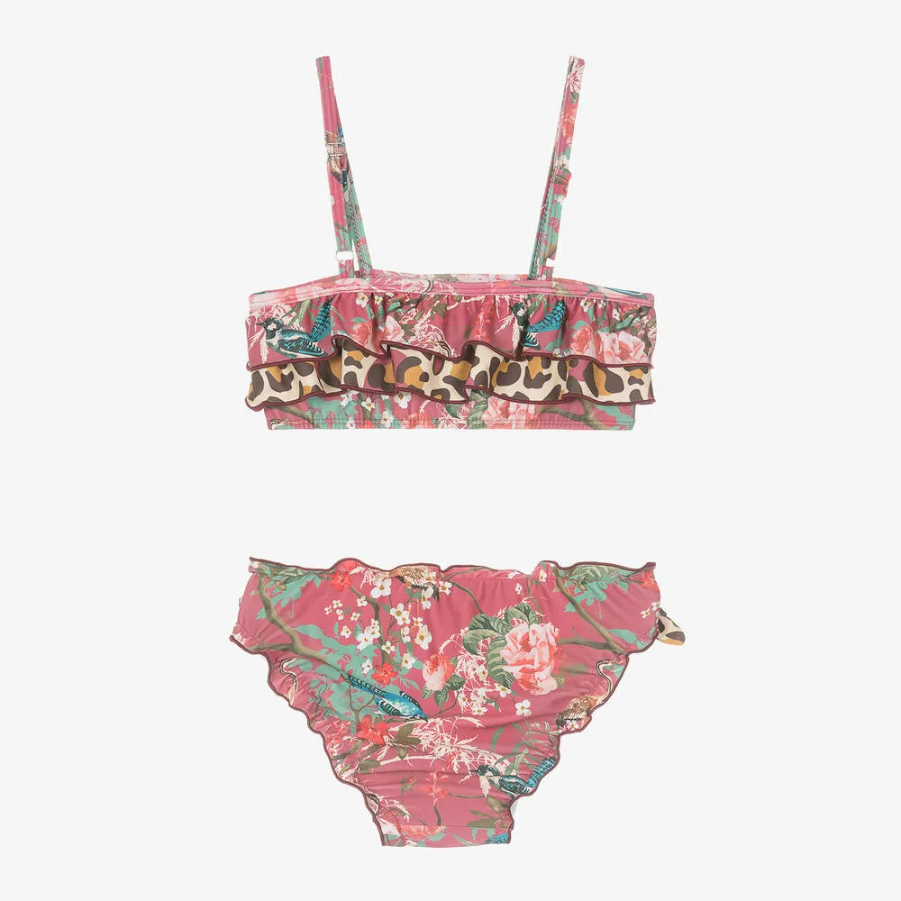 Girls Pink Floral Frilly Bikini (UPF50+)