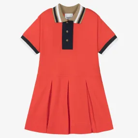 Girls Red Cotton Varsity Polo Dress