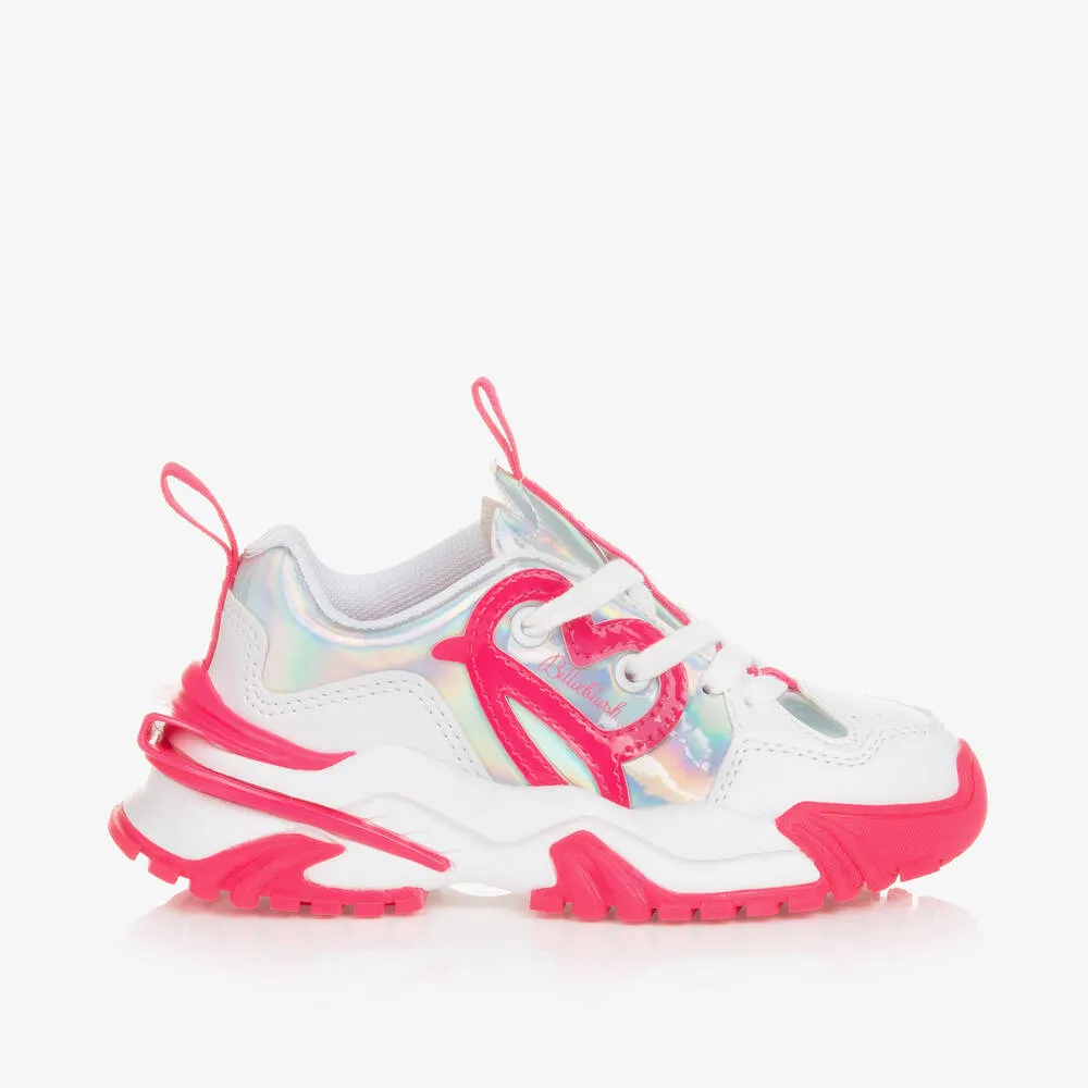 Girls White & Pink Faux Leather Trainers
