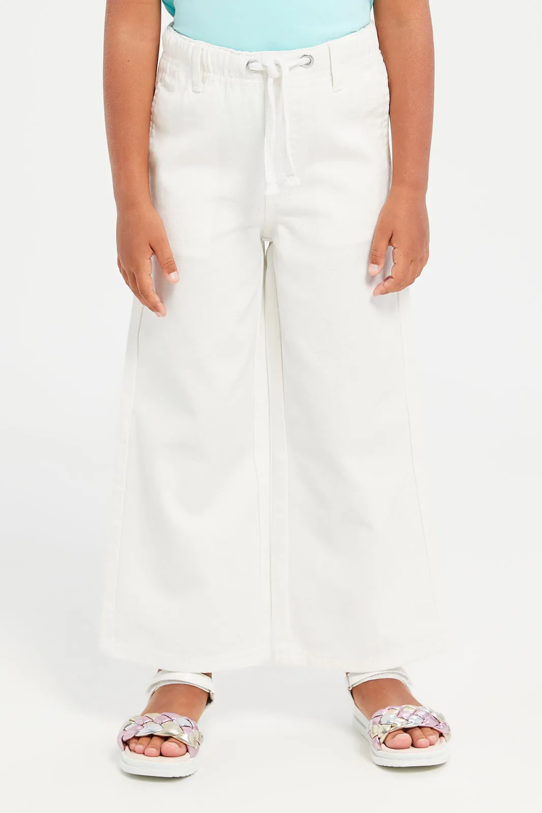 Girls White Plain Wide Leg Twill Jeans