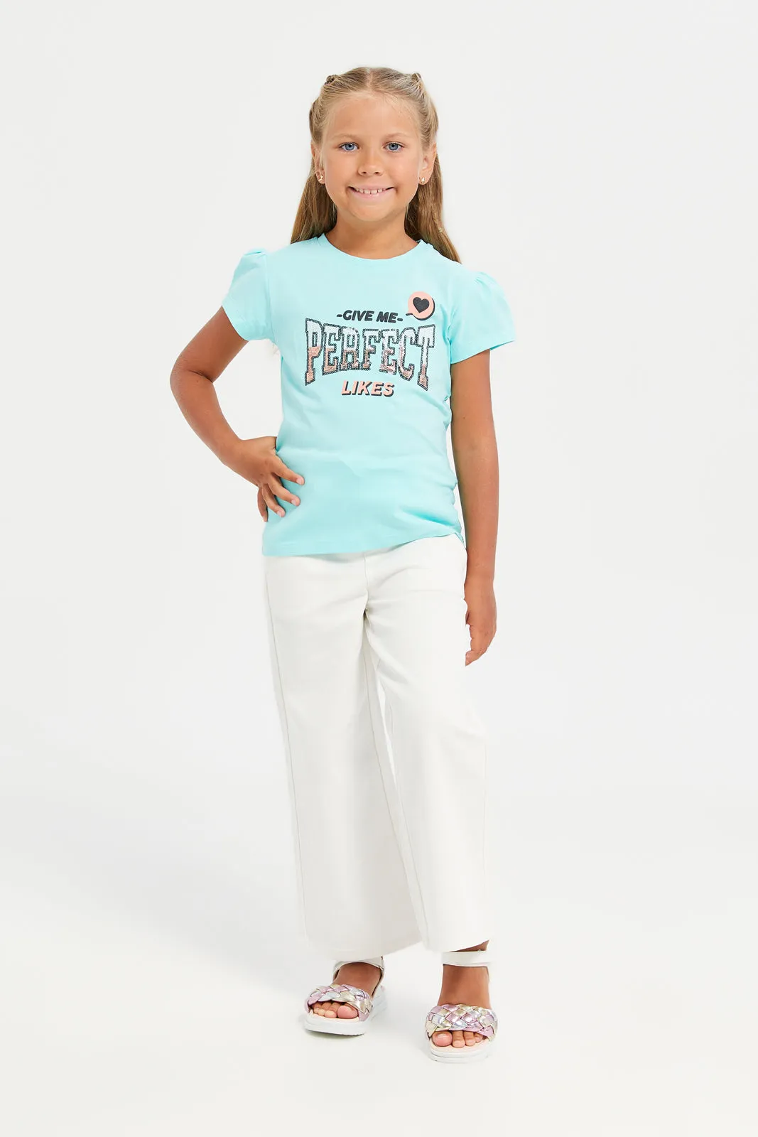 Girls White Plain Wide Leg Twill Jeans