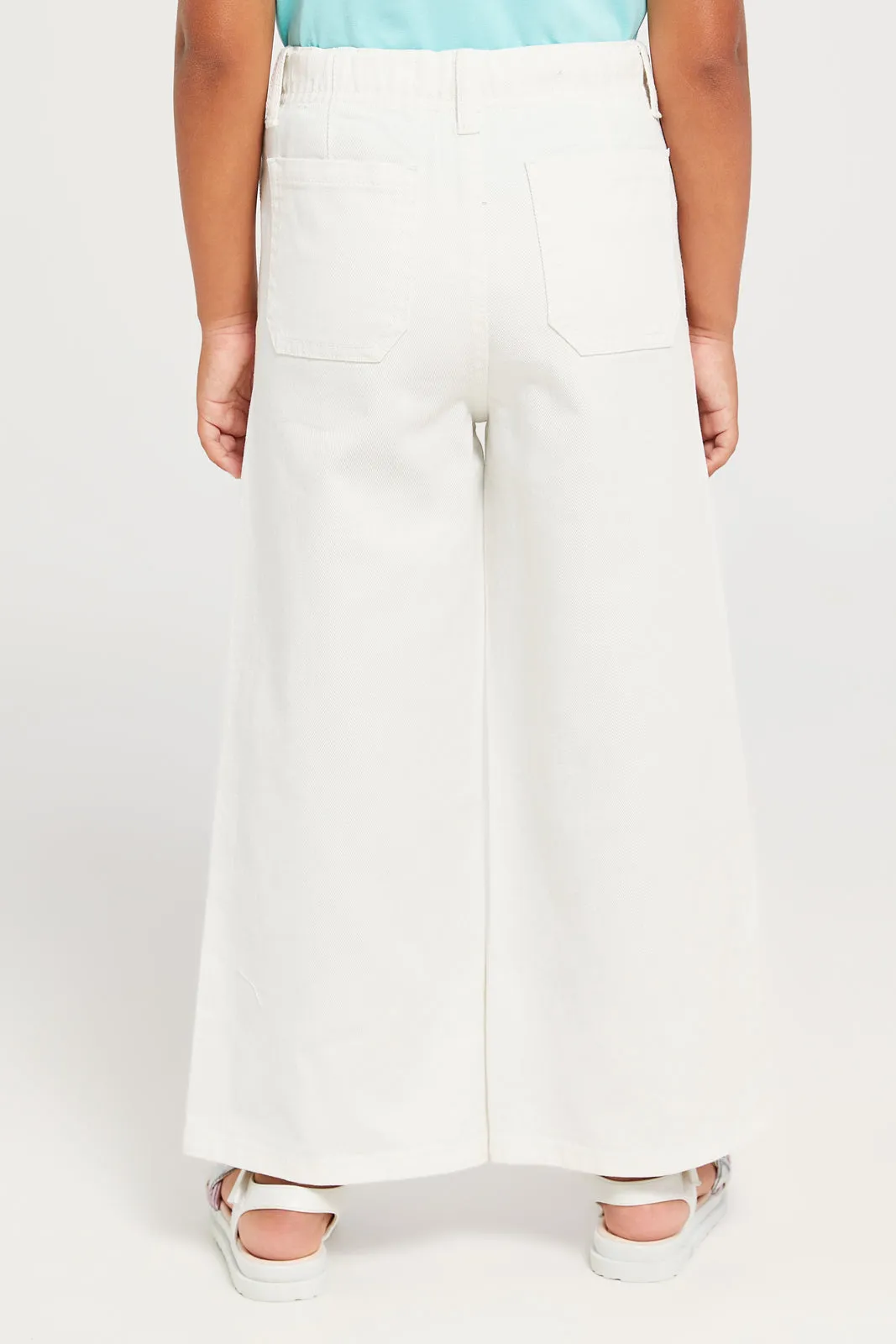 Girls White Plain Wide Leg Twill Jeans