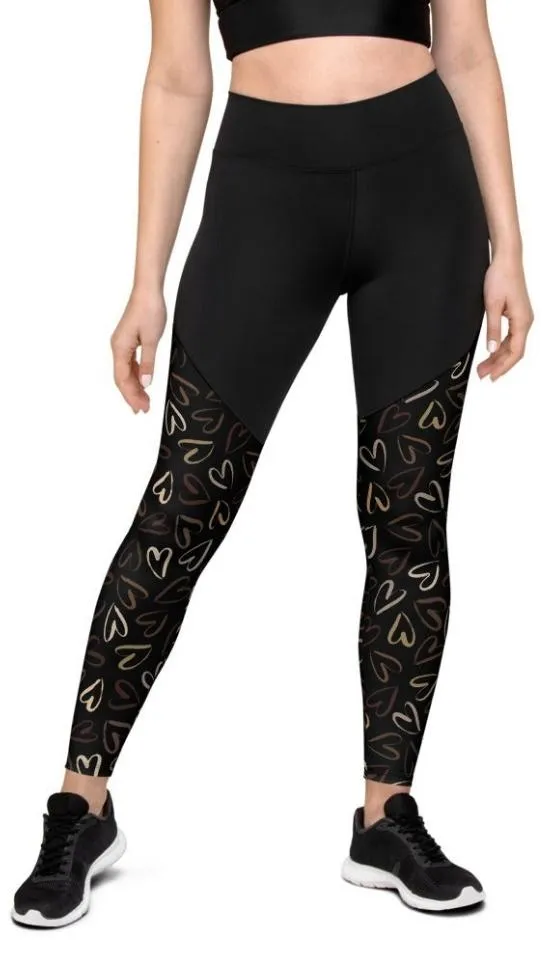 Golden Heart Print Compression Leggings