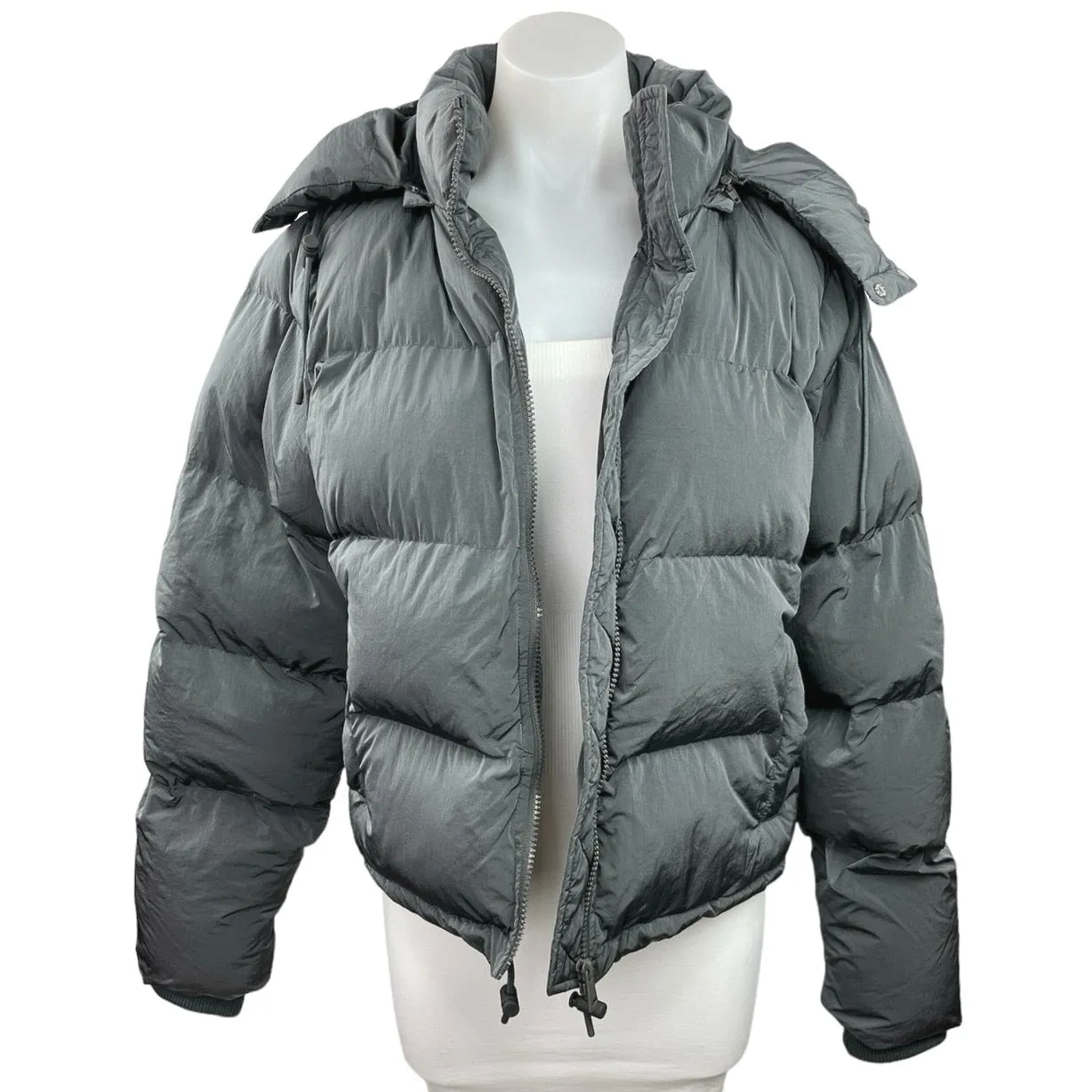 Good American Chrome Gray Full Zip Quilted Hooded Winter Puffer Jacket Size 3/L